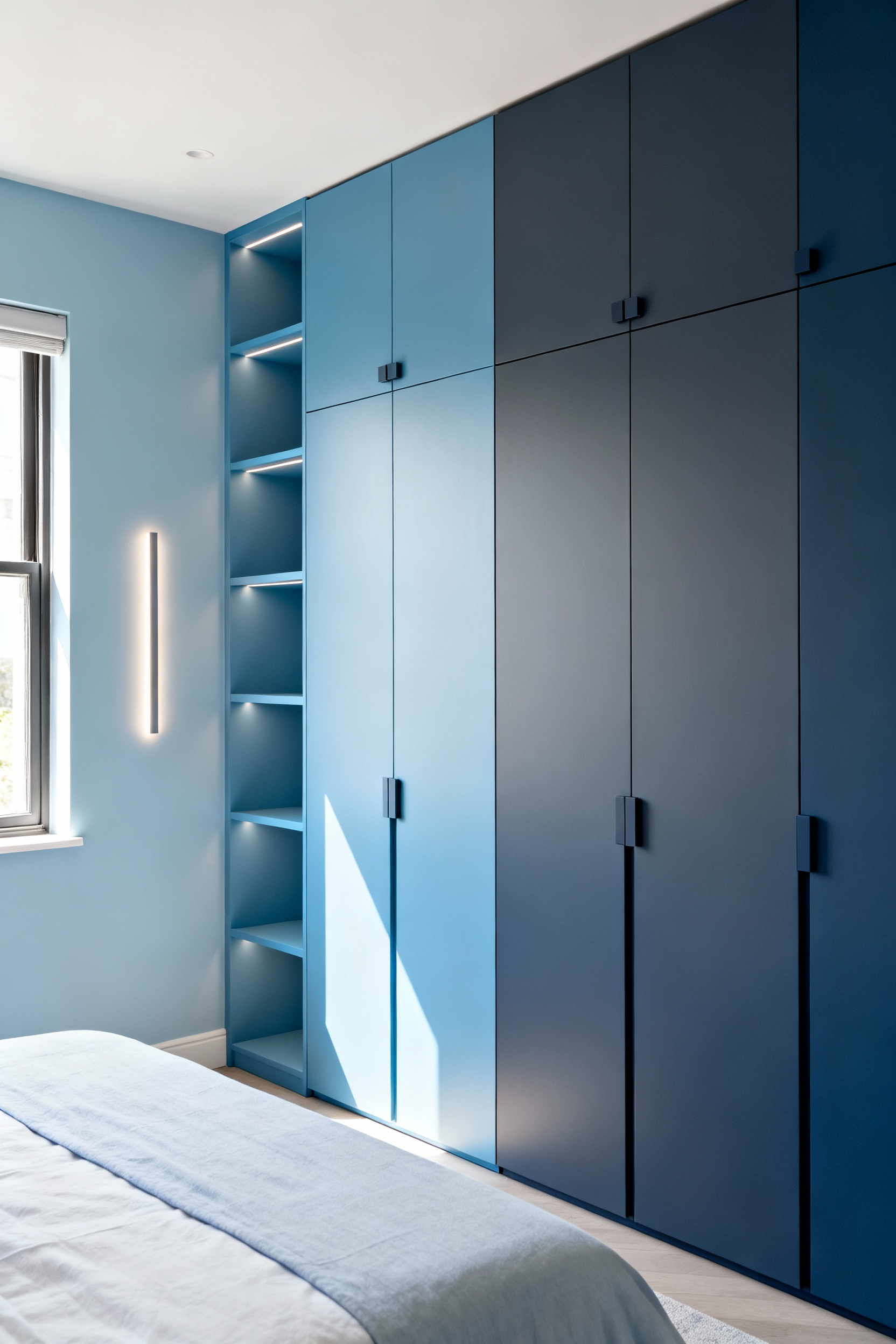 Bedroom with custom blue integrated storage solutions, showing handle-less built-in wardrobes and recessed shelving in complementary shades of blue, creating a cohesive and serene environment.