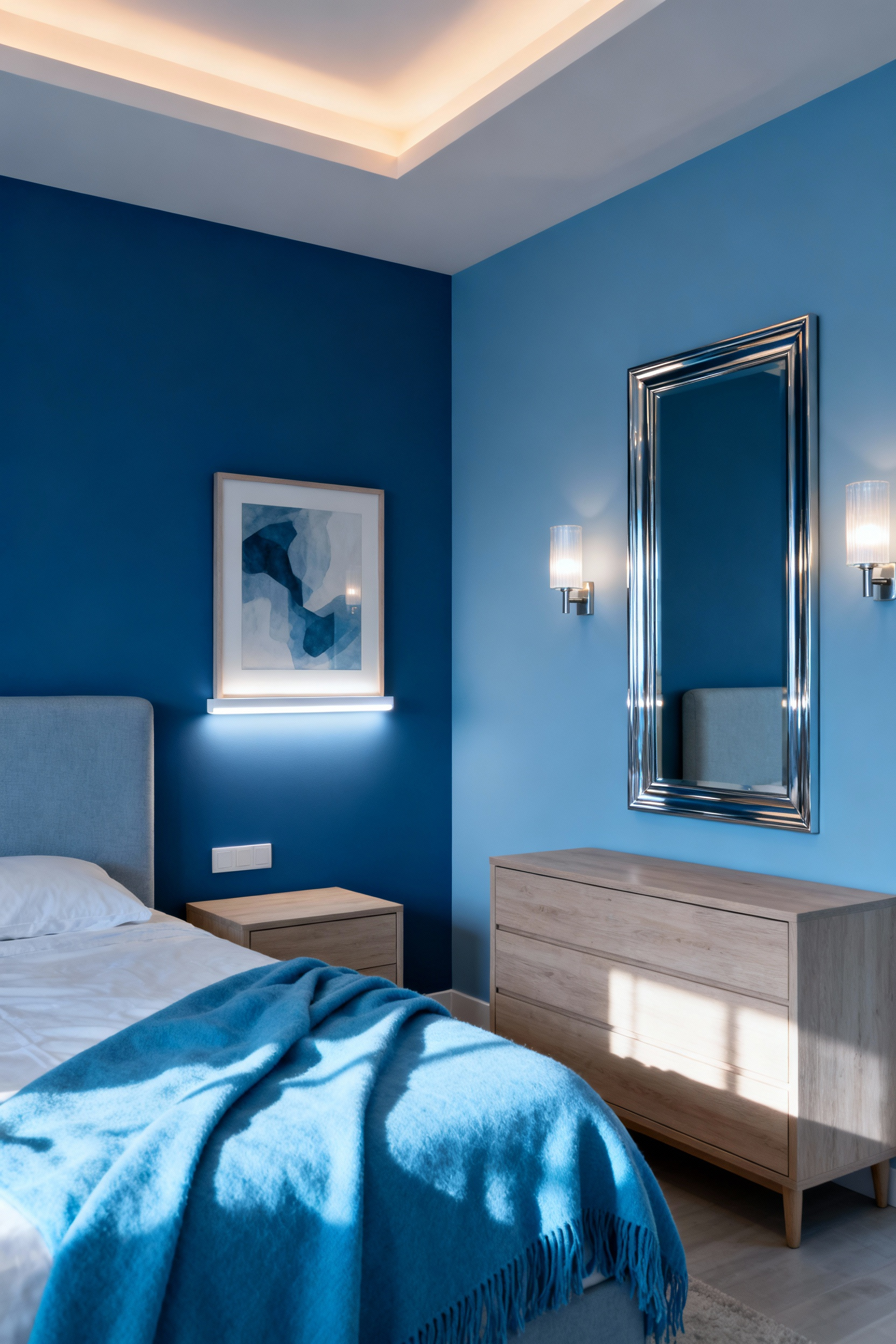 A professionally shot portrait image of a blue bedroom showcasing serene blue walls and luxurious textiles, with soft, balanced ambient, task, and accent lighting illuminating the space and enhancing the blue palette's depth.
