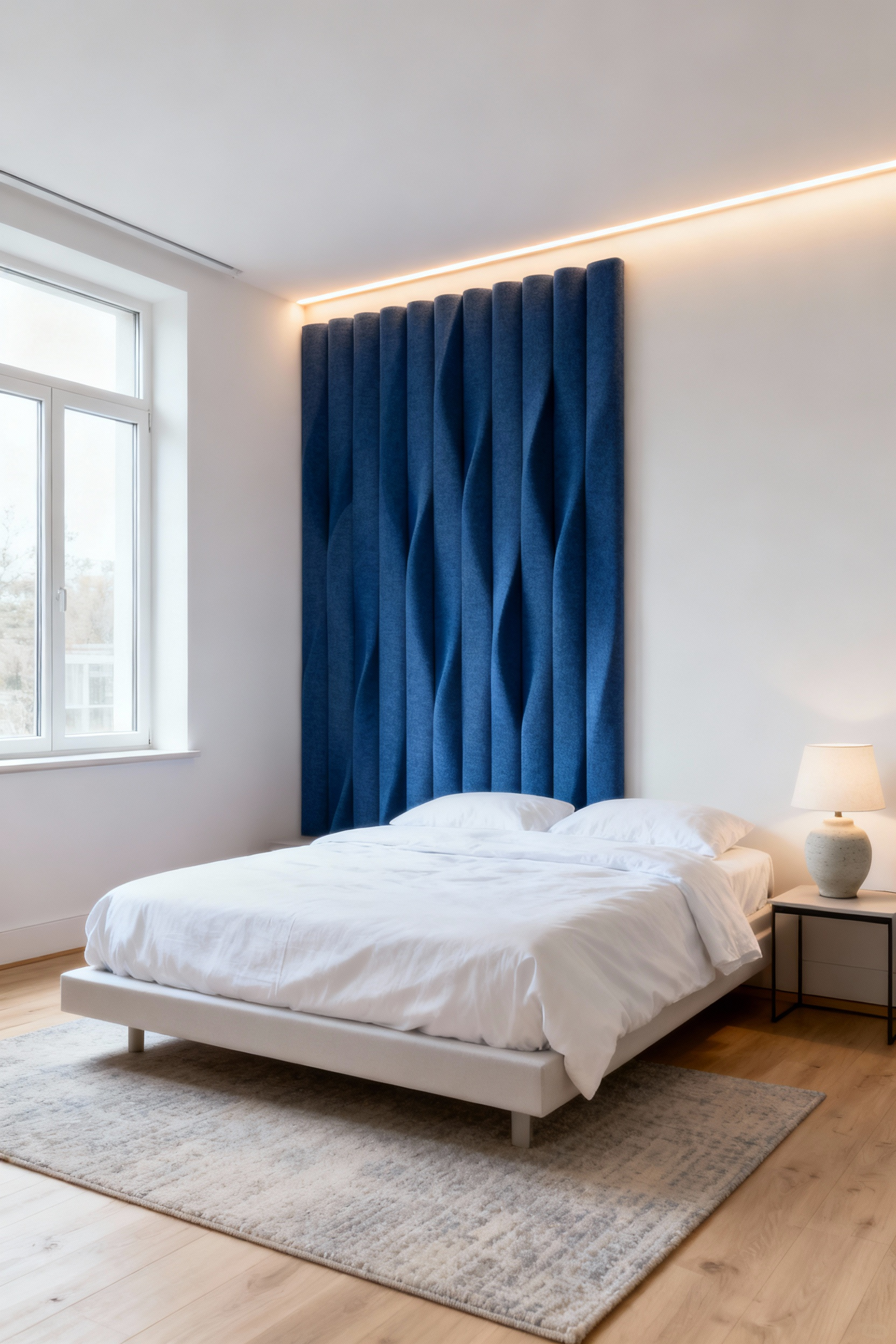 Modern bedroom with dusty indigo sound-absorbing textile panels behind the bed, designed to reduce noise and create a tranquil environment.