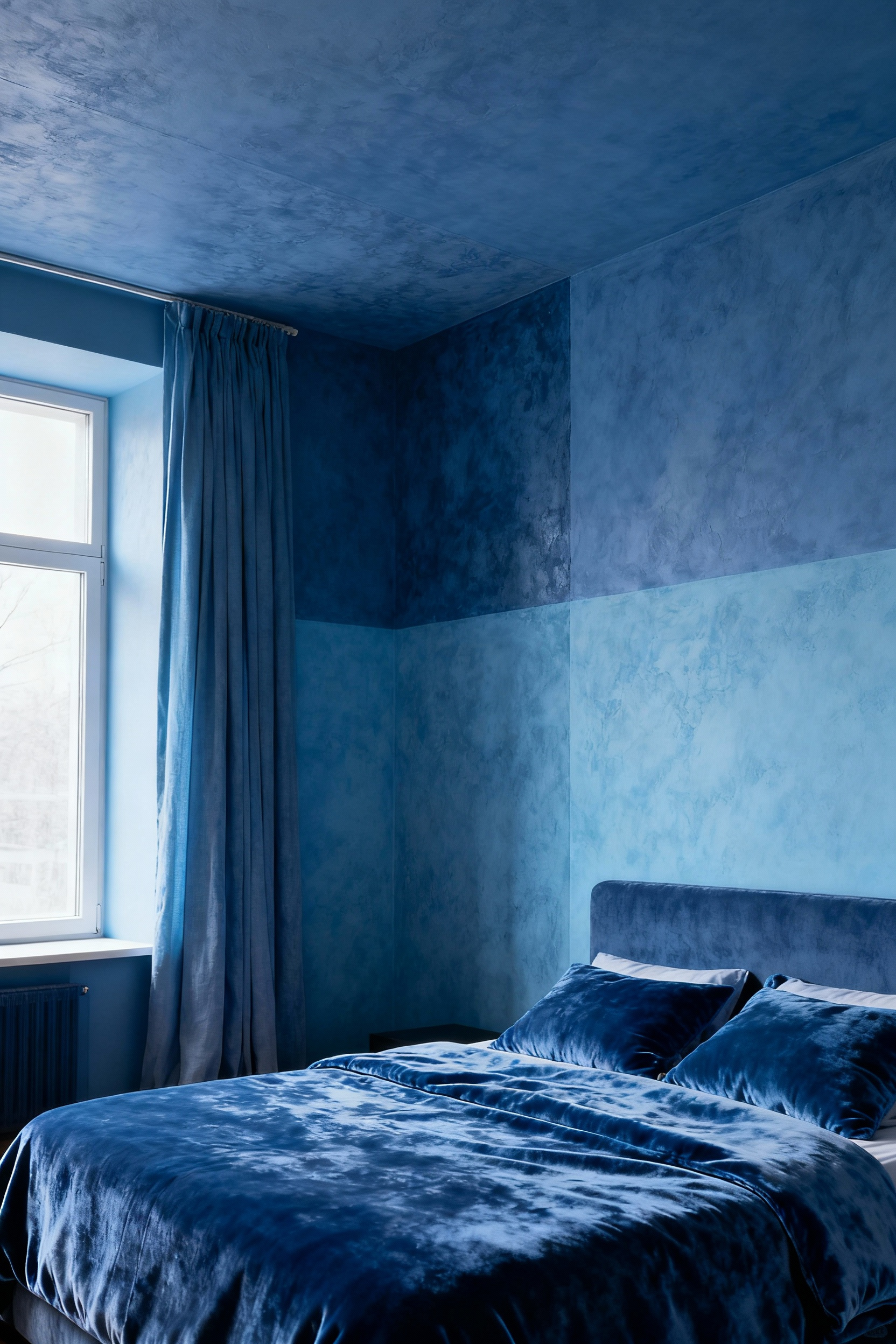 Bedroom with monochromatic blue decor, featuring various shades of blue walls, bedding, and textiles creating a serene and cohesive environment with natural light.