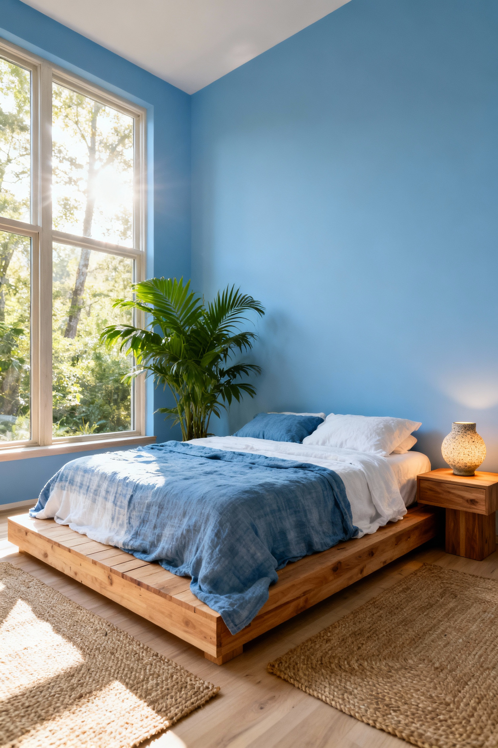 A serene blue bedroom featuring biophilic design, with natural light, a wooden platform bed, and green plants, creating a calm and restorative atmosphere.