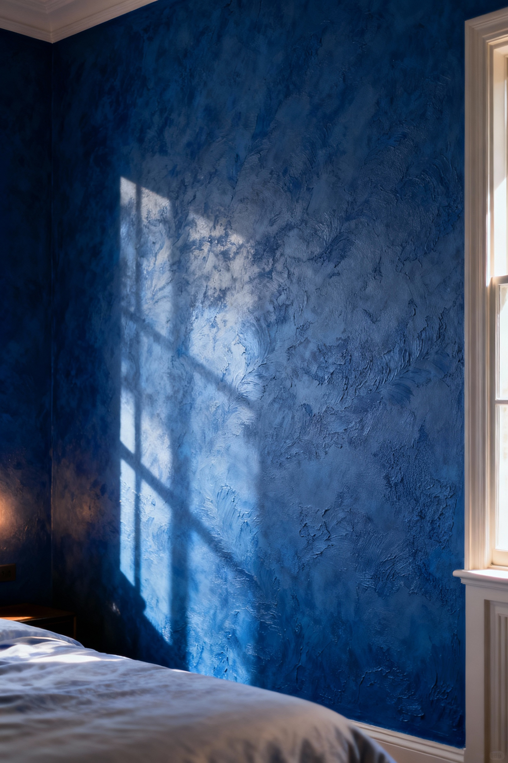 Close-up of a blue textured bedroom wall showcasing intricate plasterwork, diffusing natural light and creating a calming sensory experience.