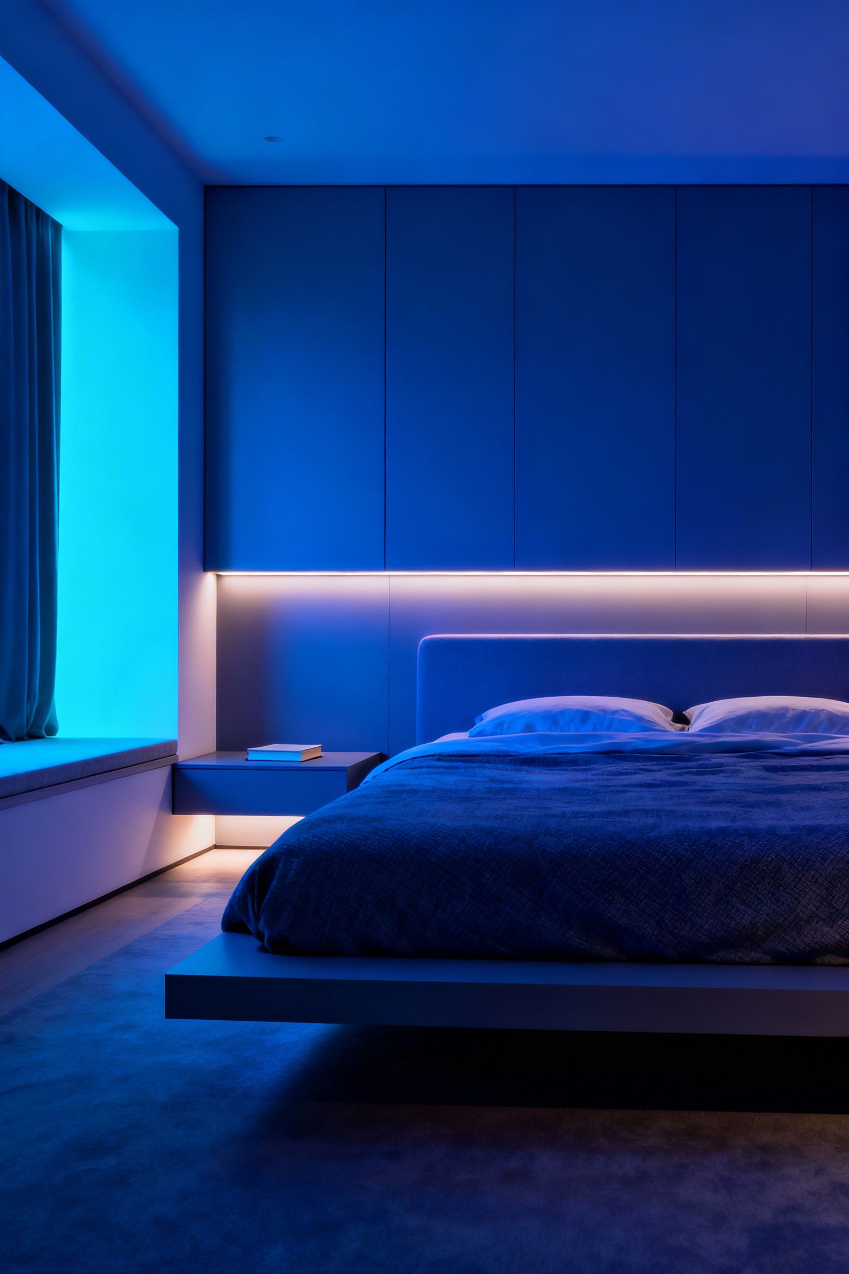 Bedroom with dynamic smart home blue mood lighting for personalized wellness, featuring a gradient of cerulean to indigo light.