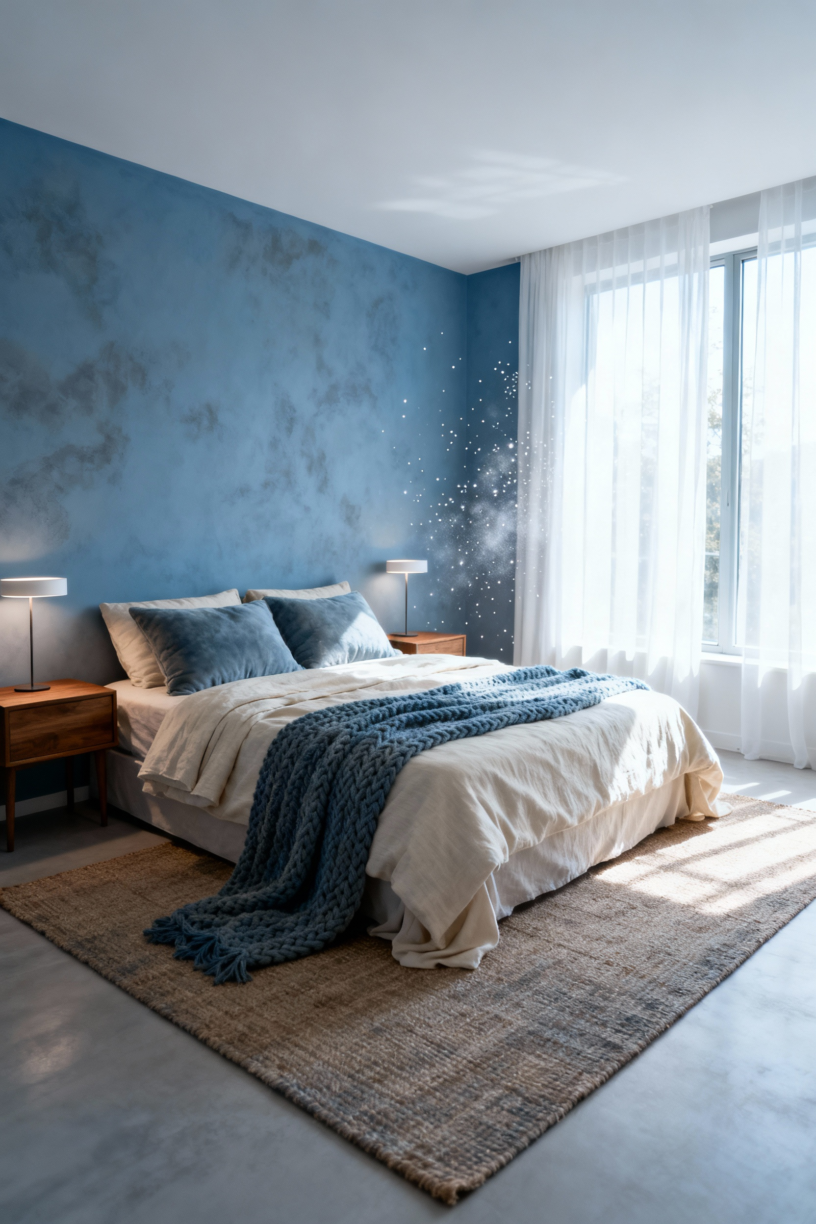A bedroom designed with cool blue walls and bedding, warm wooden nightstands, and soft lighting, emphasizing a consistently restful and serene ambiance.