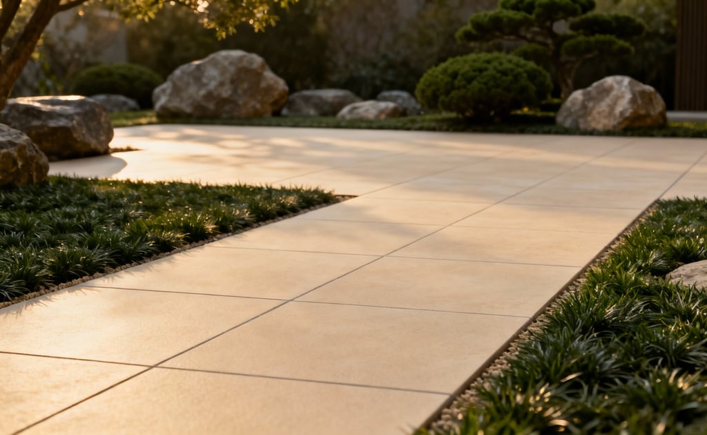 Modern patio featuring perfectly level, non-slip rectified porcelain pavers, showcasing meticulous installation and seamless accessibility.