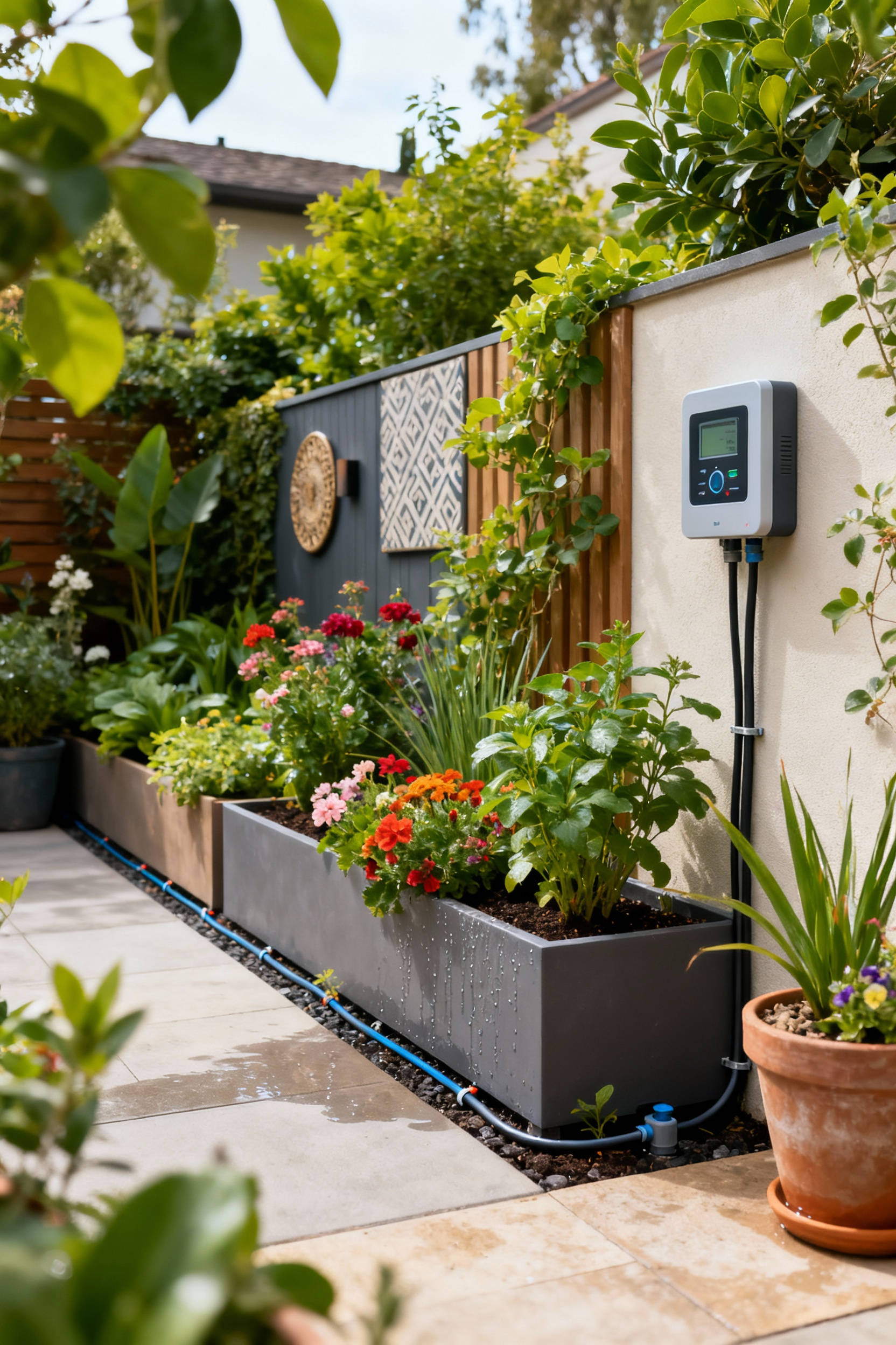 A sophisticated patio garden featuring an integrated smart irrigation system with drip lines subtly watering diverse plants, reflecting efficient and sustainable water management.