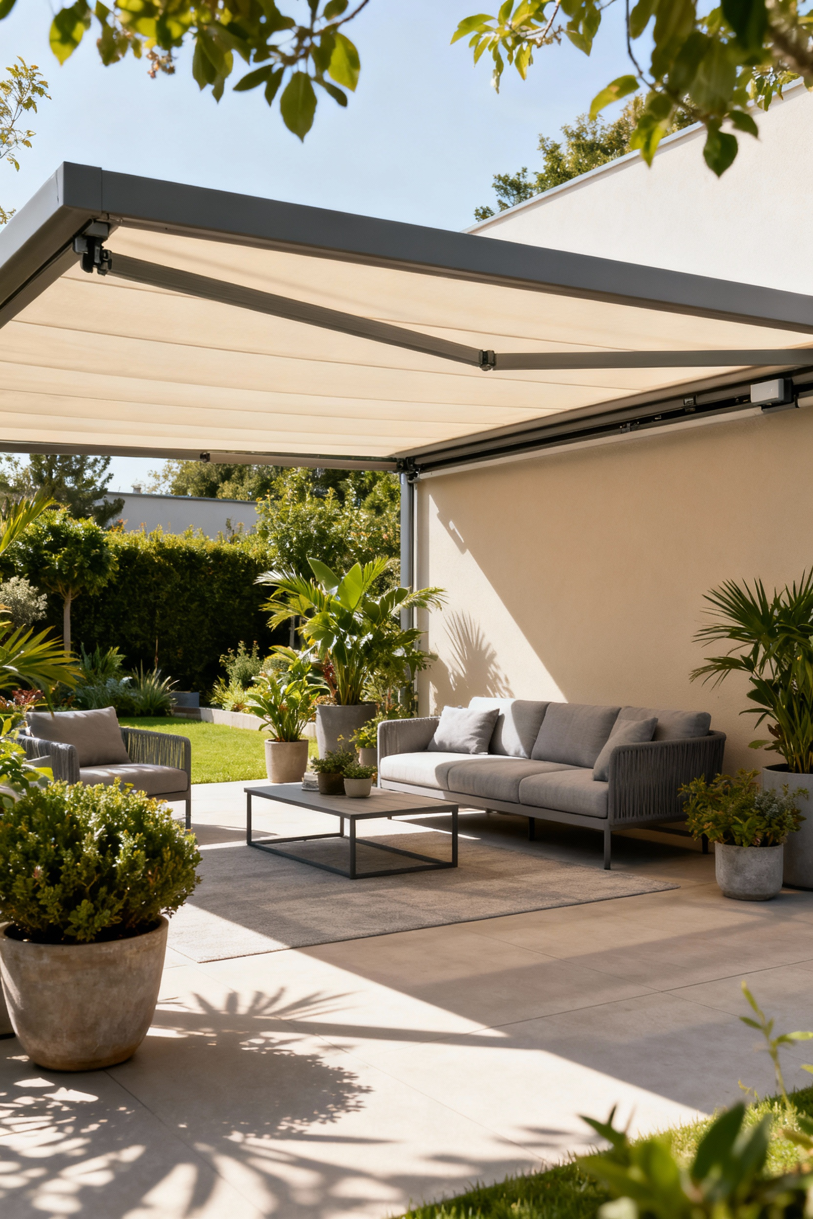 A stylish patio with an automated retractable canopy fully extended, offering shade over modern outdoor seating and lush plants, emphasizing dynamic weather protection and accessible outdoor living.