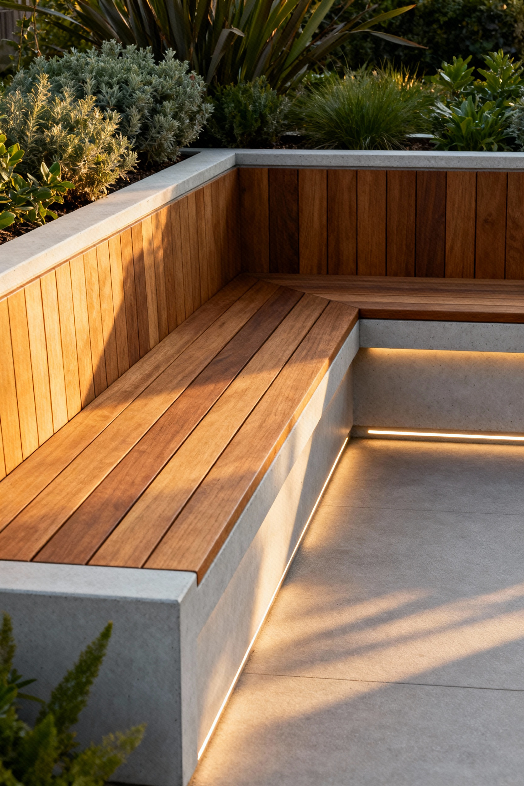 A modern patio featuring an L-shaped built-in bench made from concrete and wood, integrated with raised garden beds and subtle lighting, offering comfortable and accessible seating in a beautifully designed outdoor space.