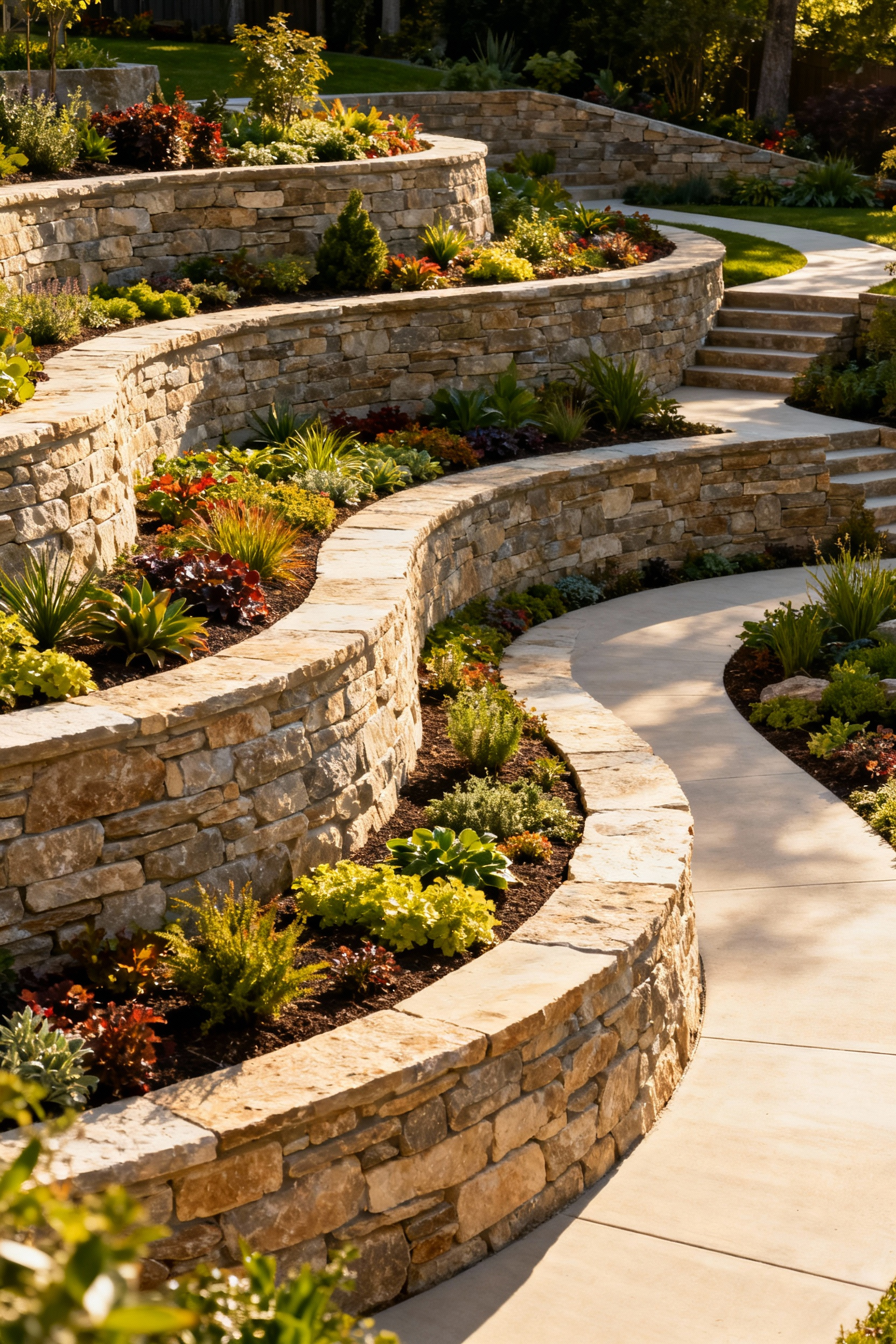 A beautifully designed multi-level terraced patio garden featuring natural stone tiers, lush greenery, accessible pathways, and integrated drainage. Emphasizes aesthetic appeal and functionality.