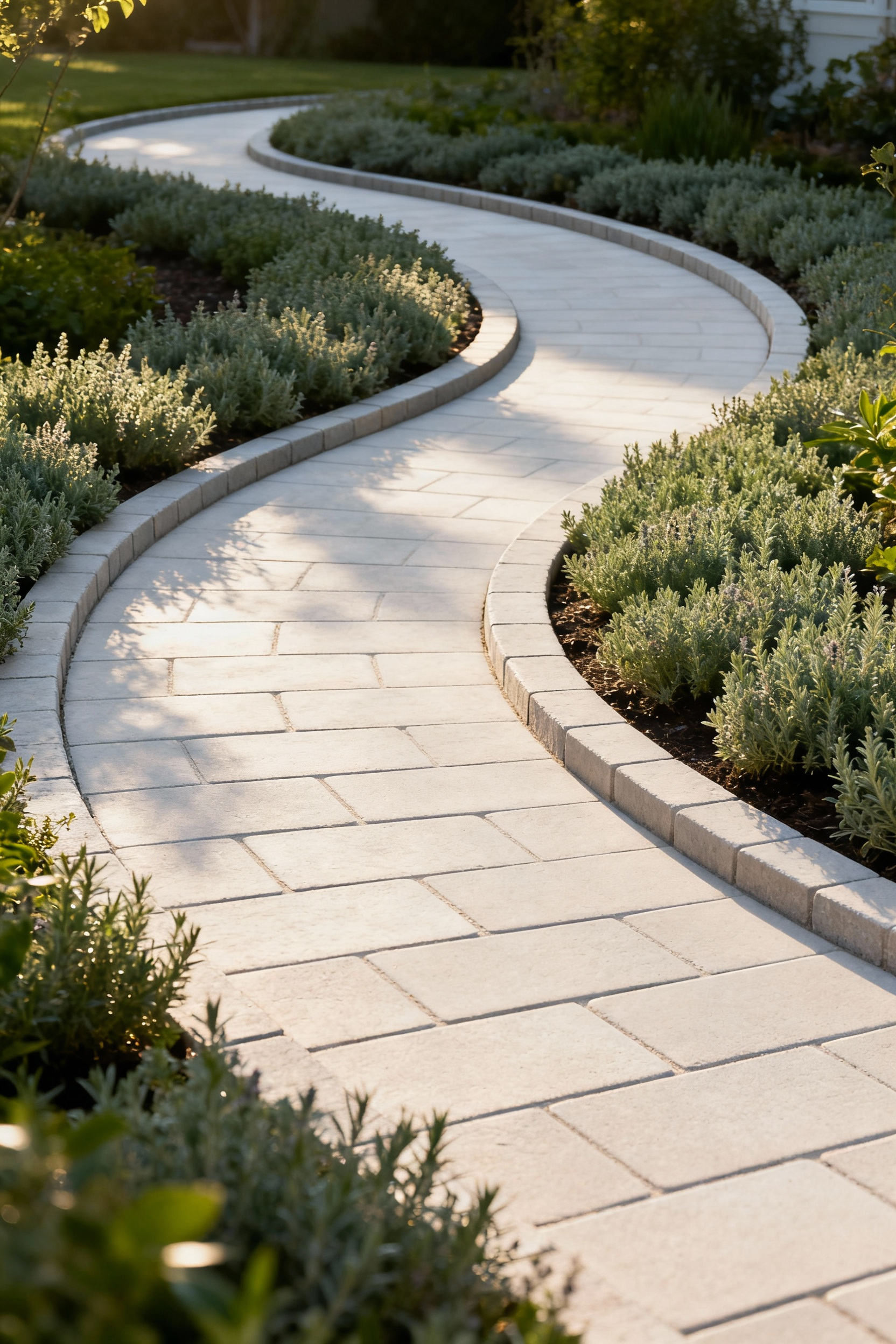 A wide, gently curving paver path with contrasting edges in an accessible patio garden, designed for intuitive navigation.