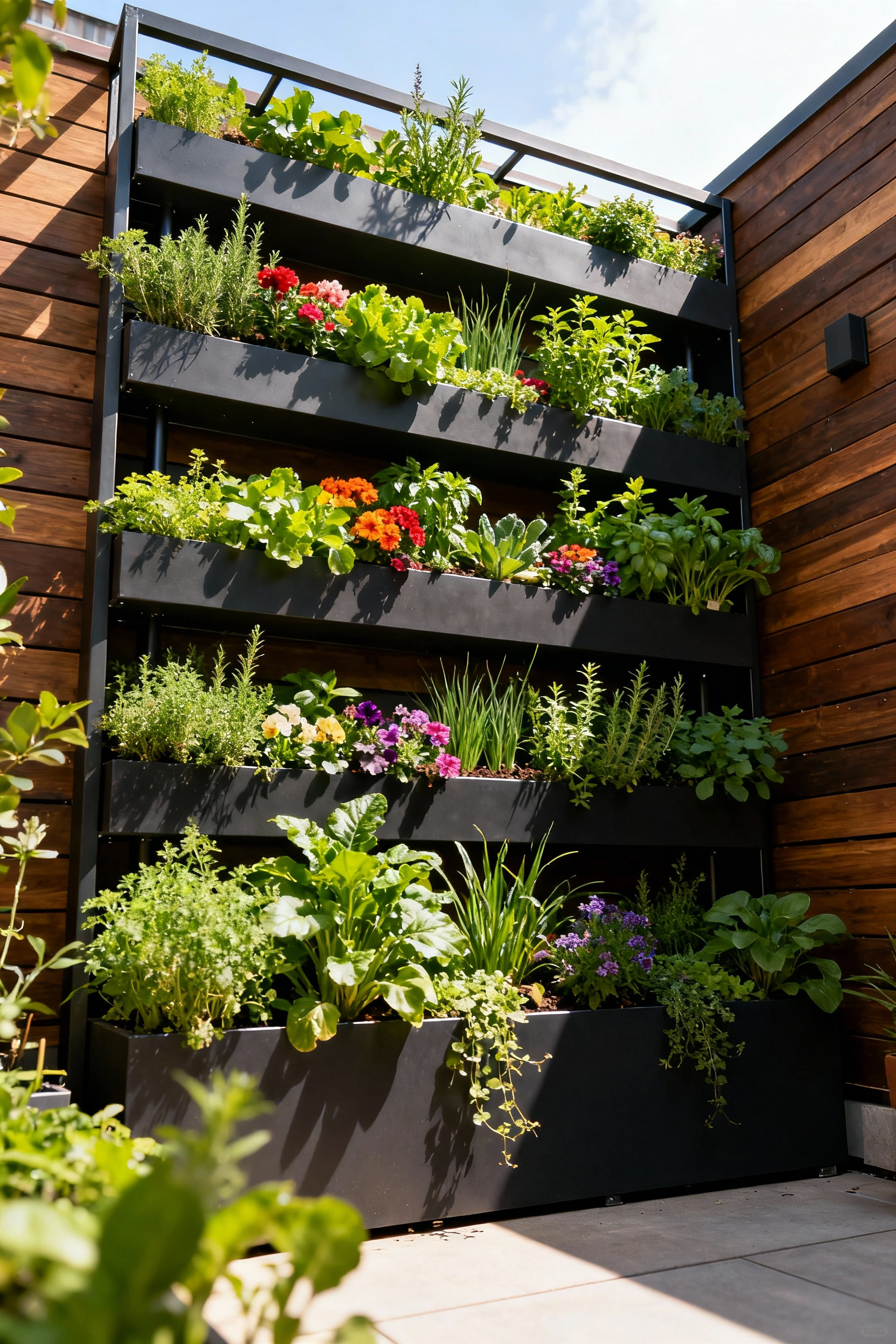 Modern vertical garden structure on a small urban patio, filled with diverse green plants, colorful flowers, and herbs, designed for ergonomic accessibility and maximizing space.