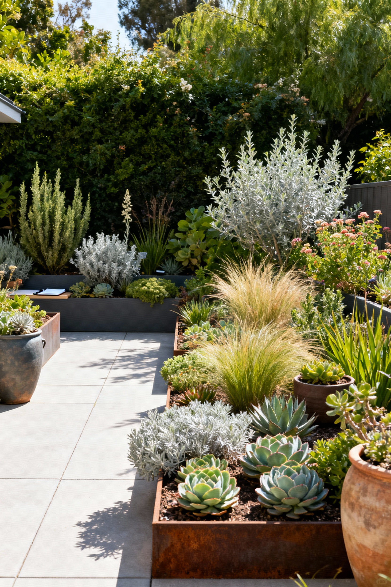 Patio garden featuring a variety of healthy, thriving drought-tolerant native species in raised beds, emphasizing low-maintenance and resilience.