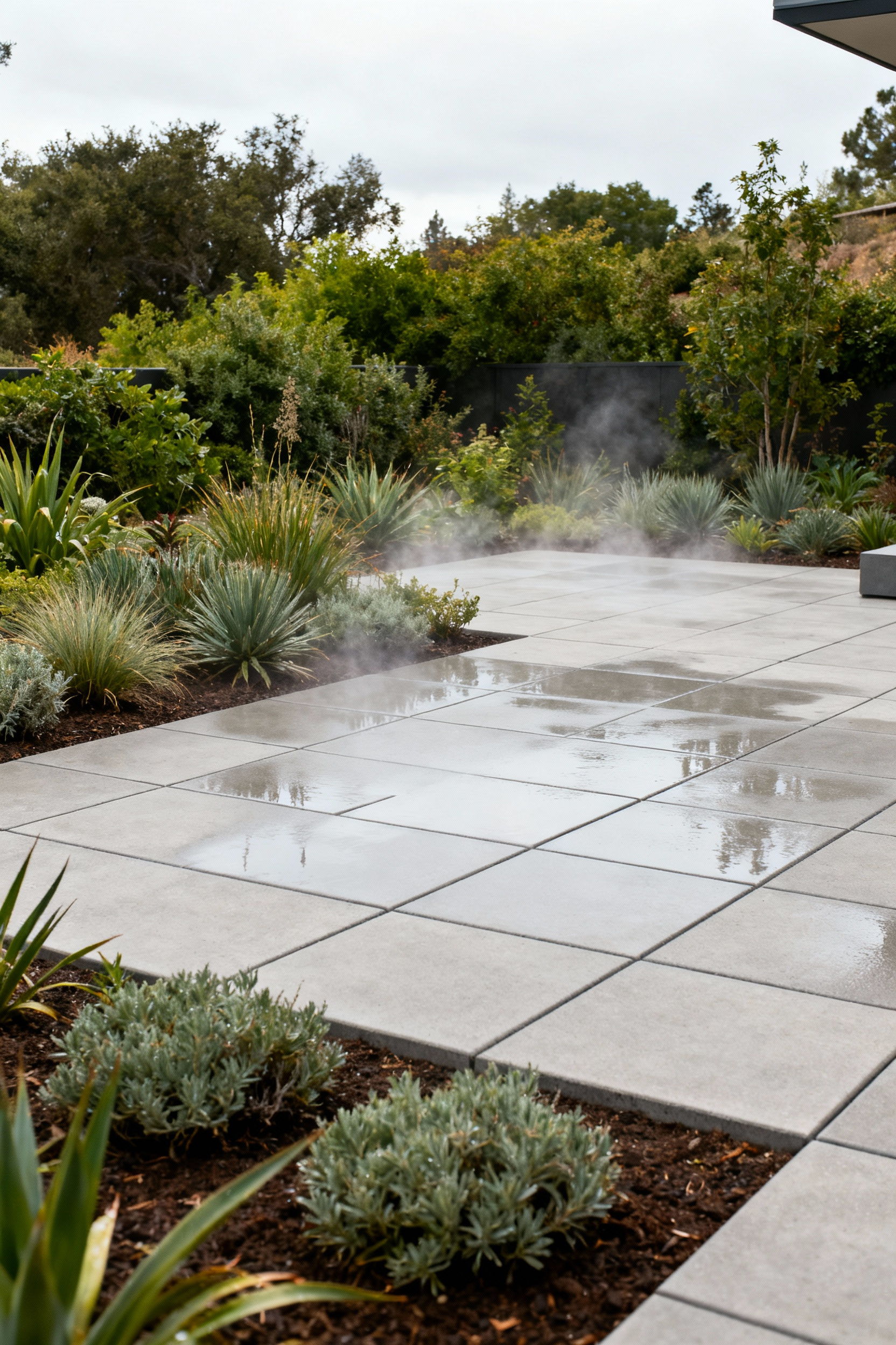 Patio with permeable interlocking pavers and lush plants, water visibly infiltrating the surface, creating a healthy and sustainable outdoor space.