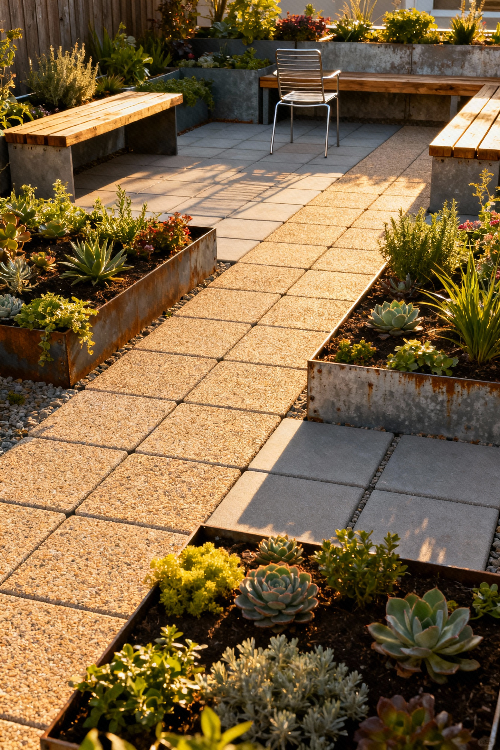 A beautifully designed modular patio garden featuring adaptable pathways, raised garden beds, and flexible seating, showcasing universal design principles for future adaptability and scalability.