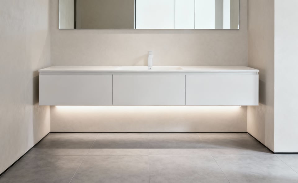 Modern small bathroom with a white floating vanity revealing continuous floor tiles, enhancing visual space and openness.