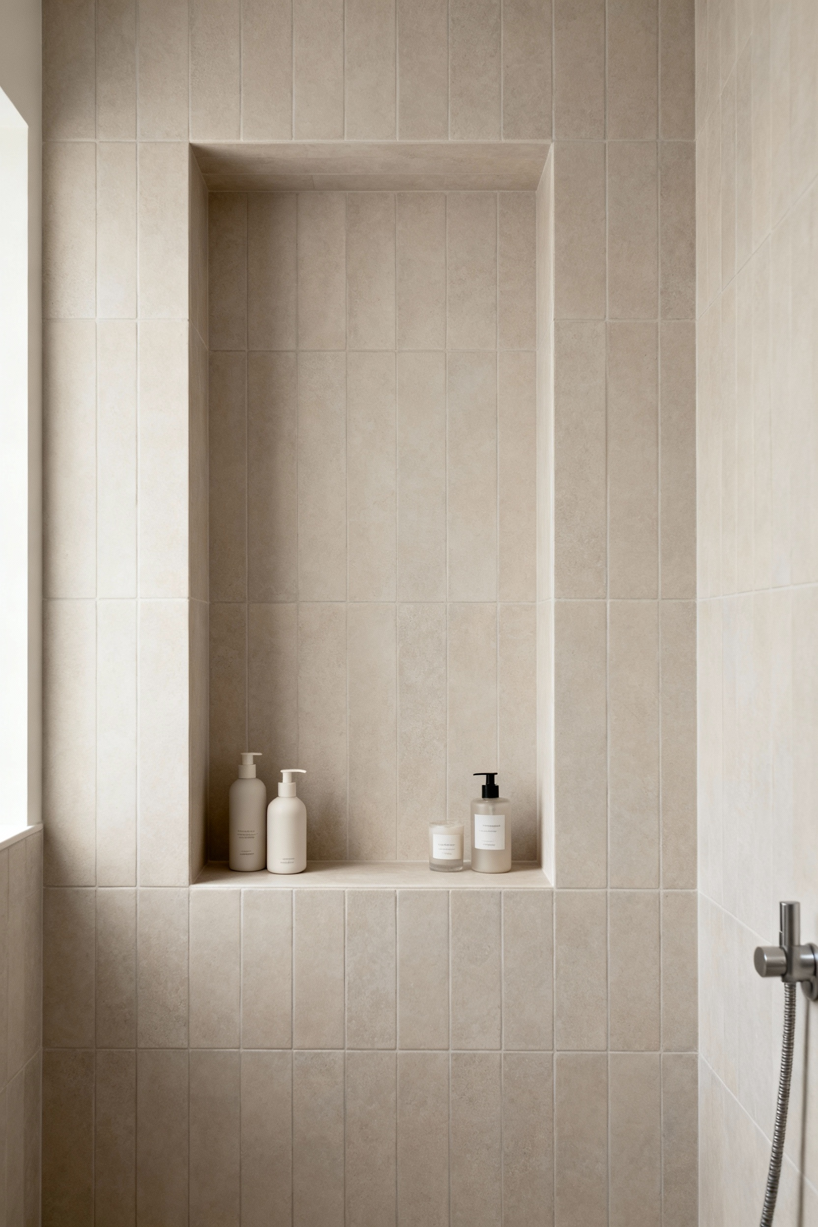 Elegant tiled shower niche with bath products, seamlessly integrated into a small modern bathroom wall, reflecting ample storage and minimalist design.