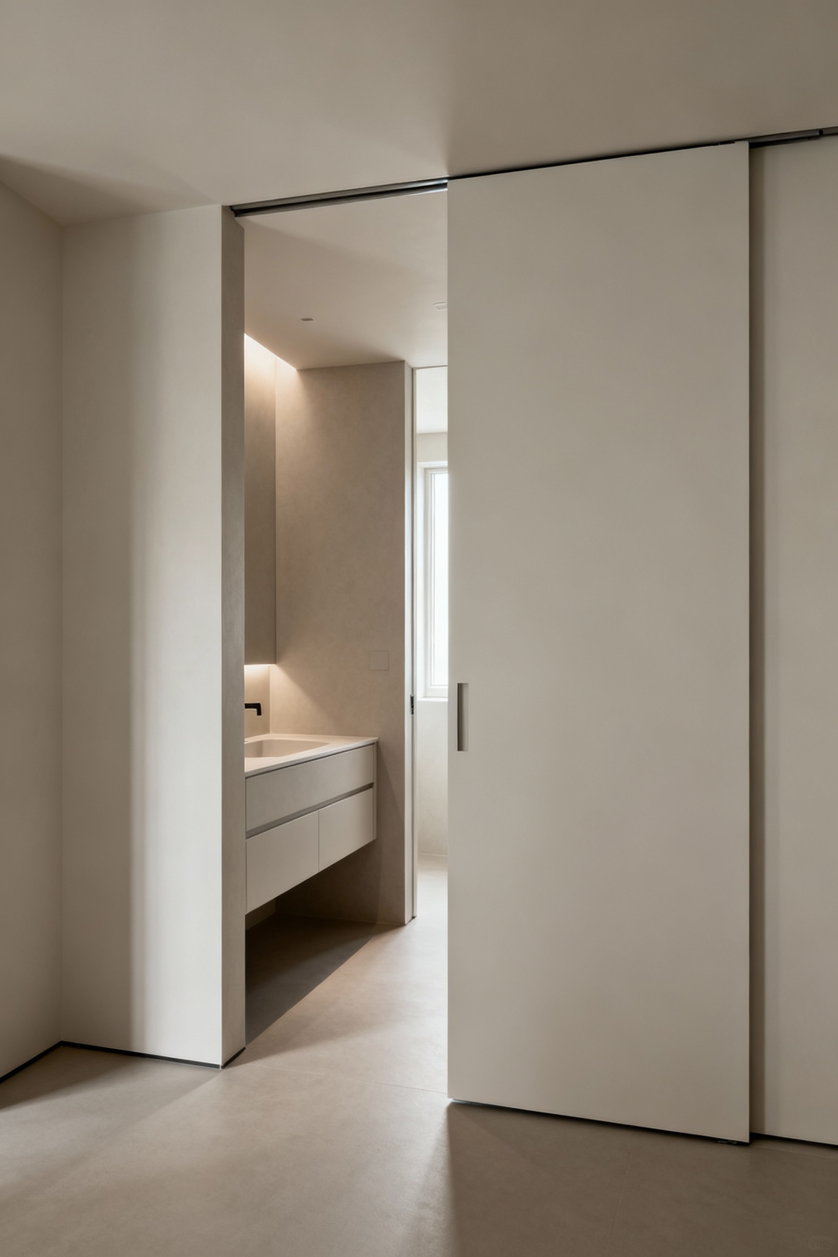A modern small bathroom with a partially open pocket door, demonstrating space-saving benefits and seamless transition.