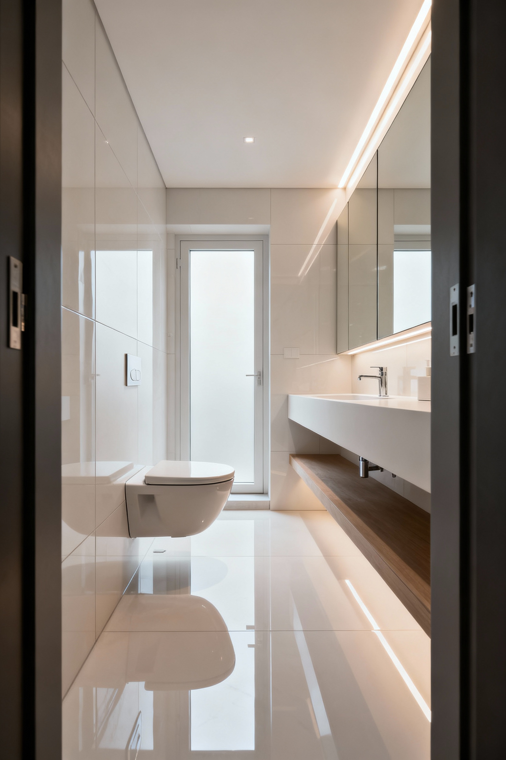 Modern small bathroom featuring a wall-mounted toilet, floating vanity, and sleek, light-colored tiles, demonstrating reclaimed floor space and enhanced openness.