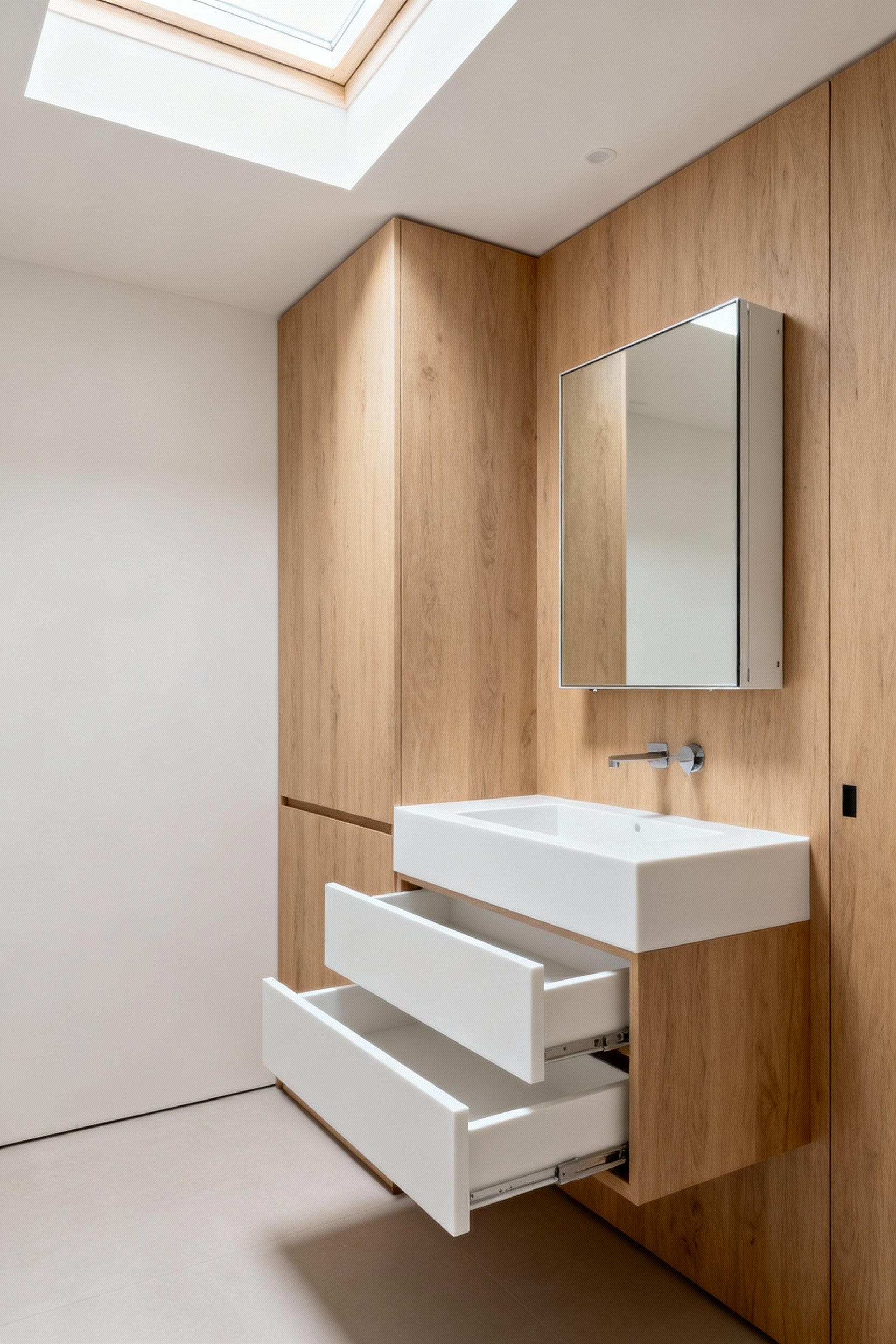 Portrait image of a modern, sleek custom-built multi-functional bathroom vanity in a small space, with integrated storage solutions, perfect for small bathroom custom furniture design.
