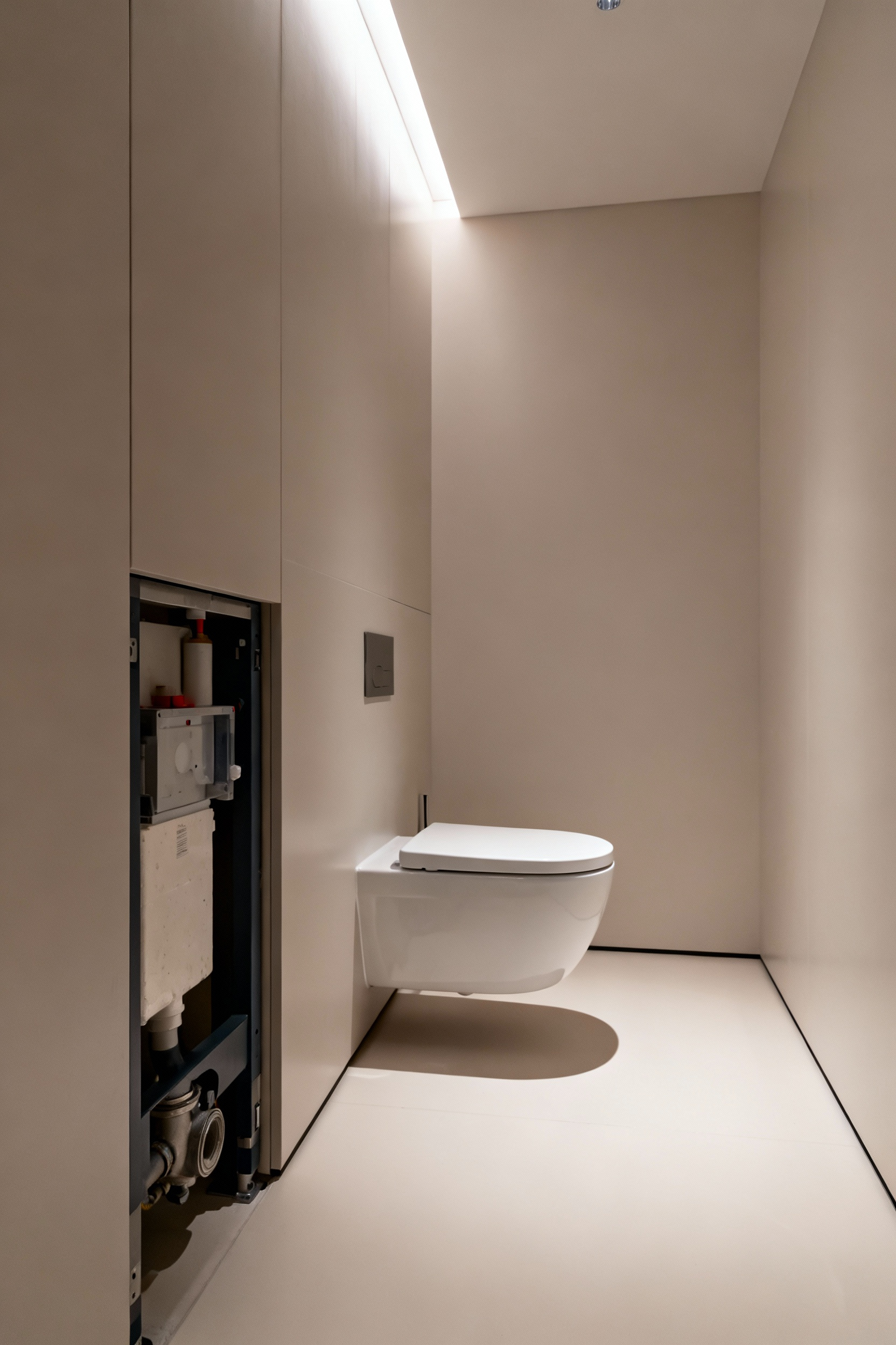 A modern small bathroom with a wall-hung toilet and concealed plumbing, showcasing a clean, minimalist aesthetic and open floor space.
