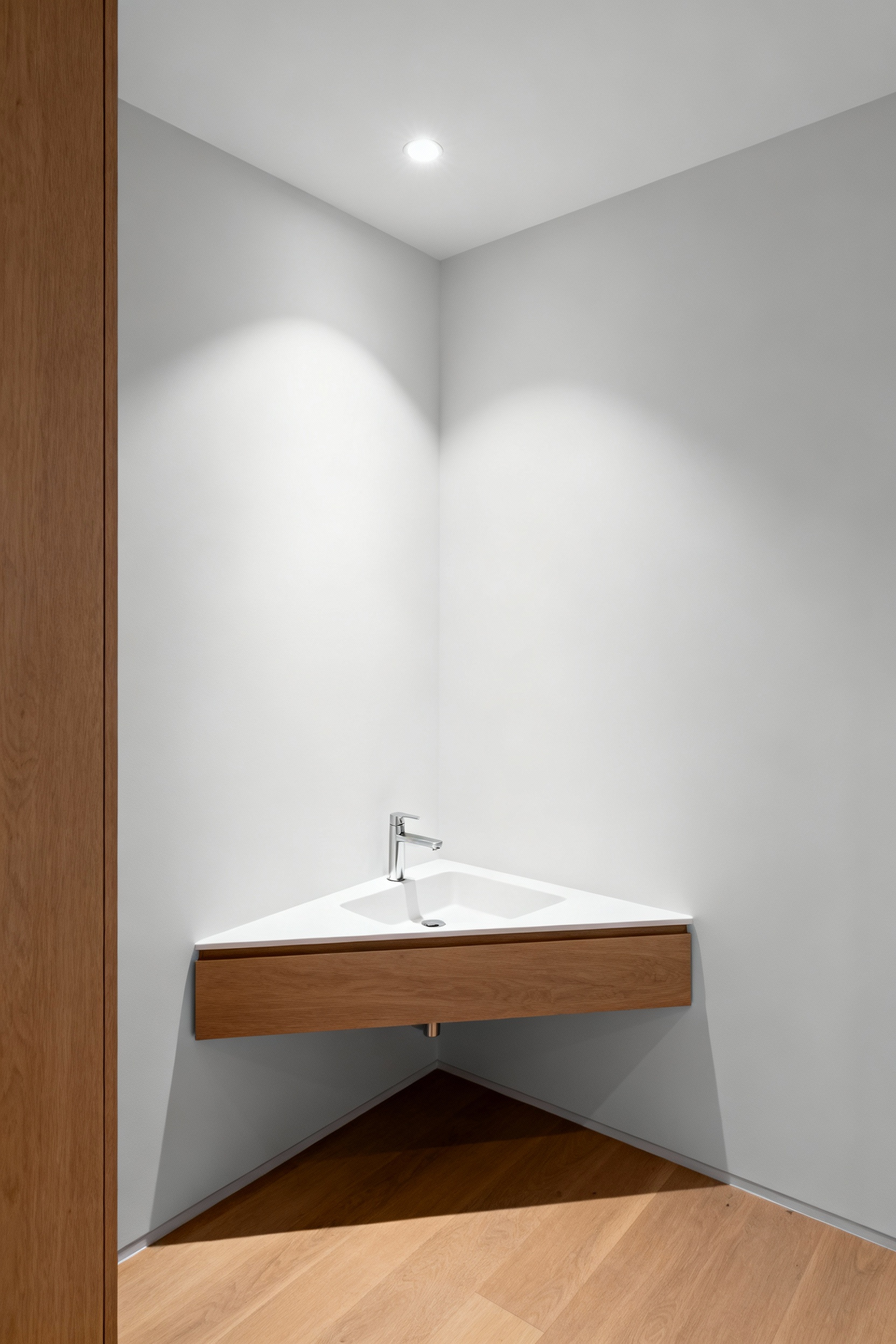 Image shows a modern, wall-mounted triangular corner sink unit in a small bathroom, highlighting its space-saving and ergonomic design.