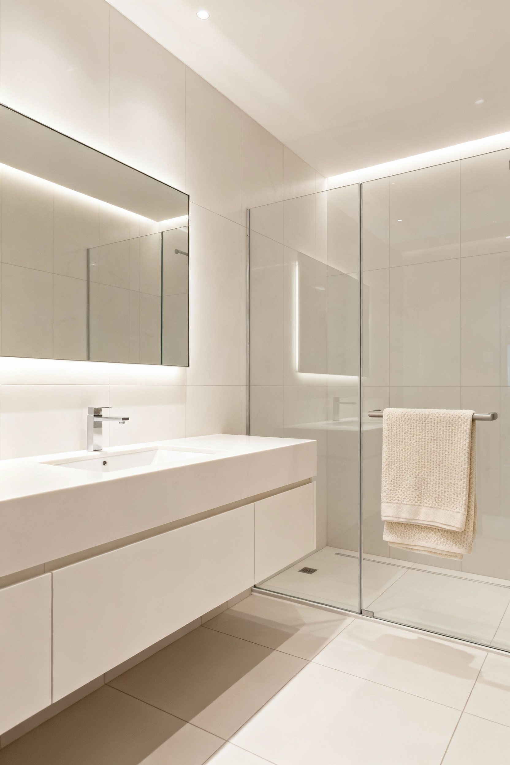 Small bathroom designed with a warm white monochromatic color palette, featuring diverse textures like matte floor tiles, glossy wall tiles, and soft white towels, illuminated by soft ambient lighting, creating an expansive and serene atmosphere.