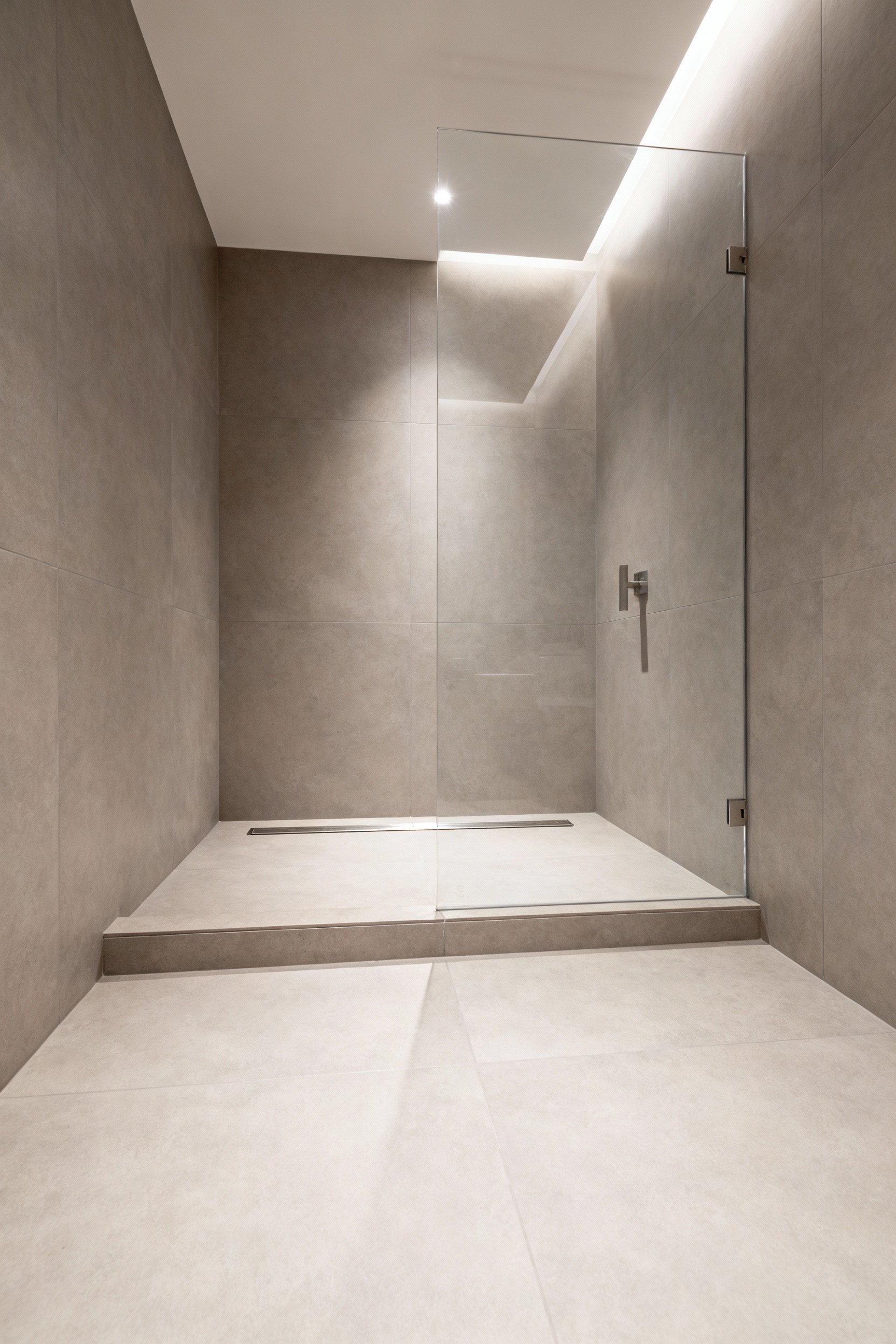 Modern curbless shower in a small bathroom with seamless light grey tiled floor, clear glass partition, and a linear drain, showcasing universal design for accessibility.