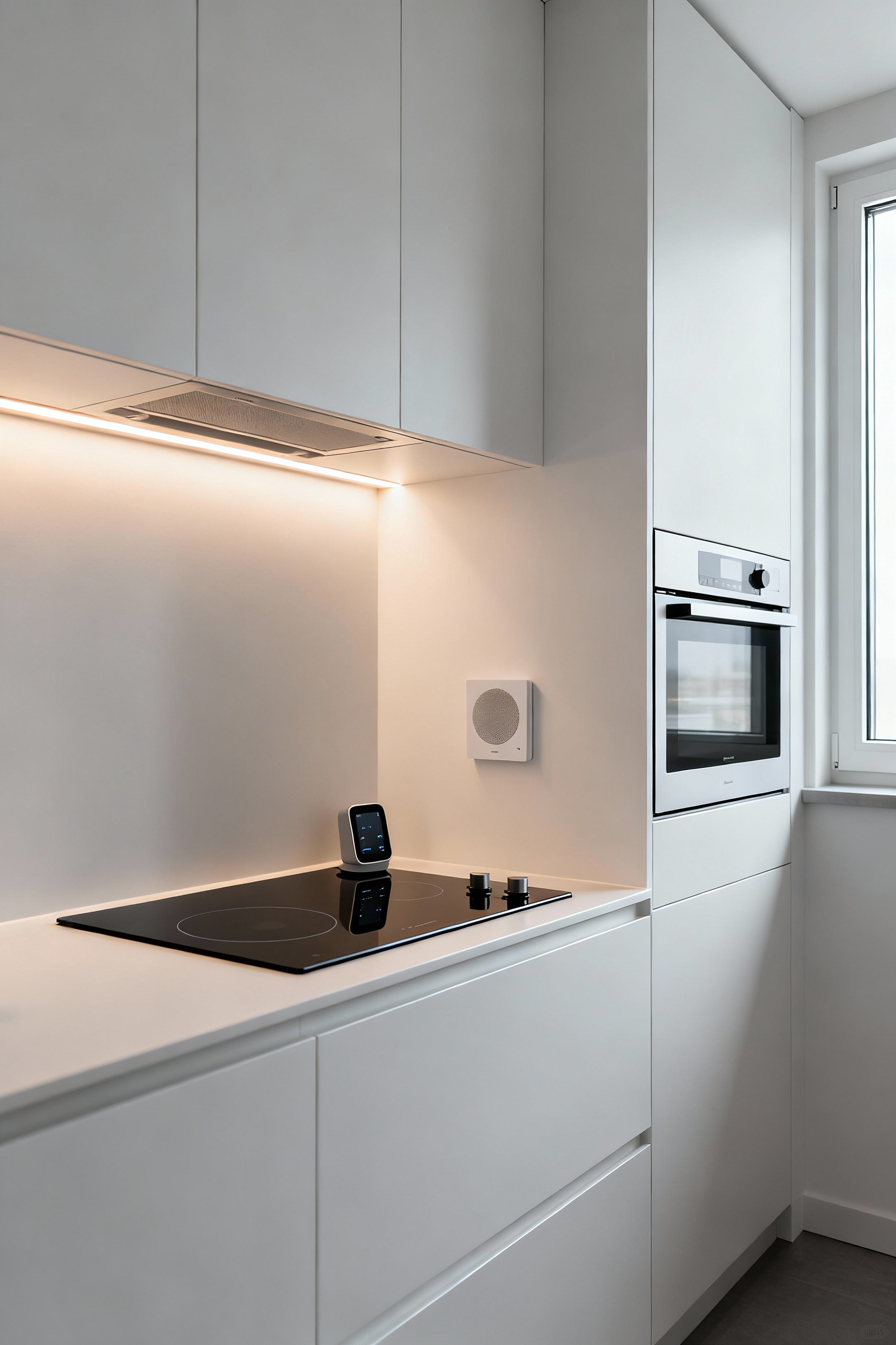 Modern small kitchen with integrated smart home technology, featuring a sleek induction cooktop, voice control panel, and flush-mounted combi-oven, showcasing automated efficiency and optimized space utilization.