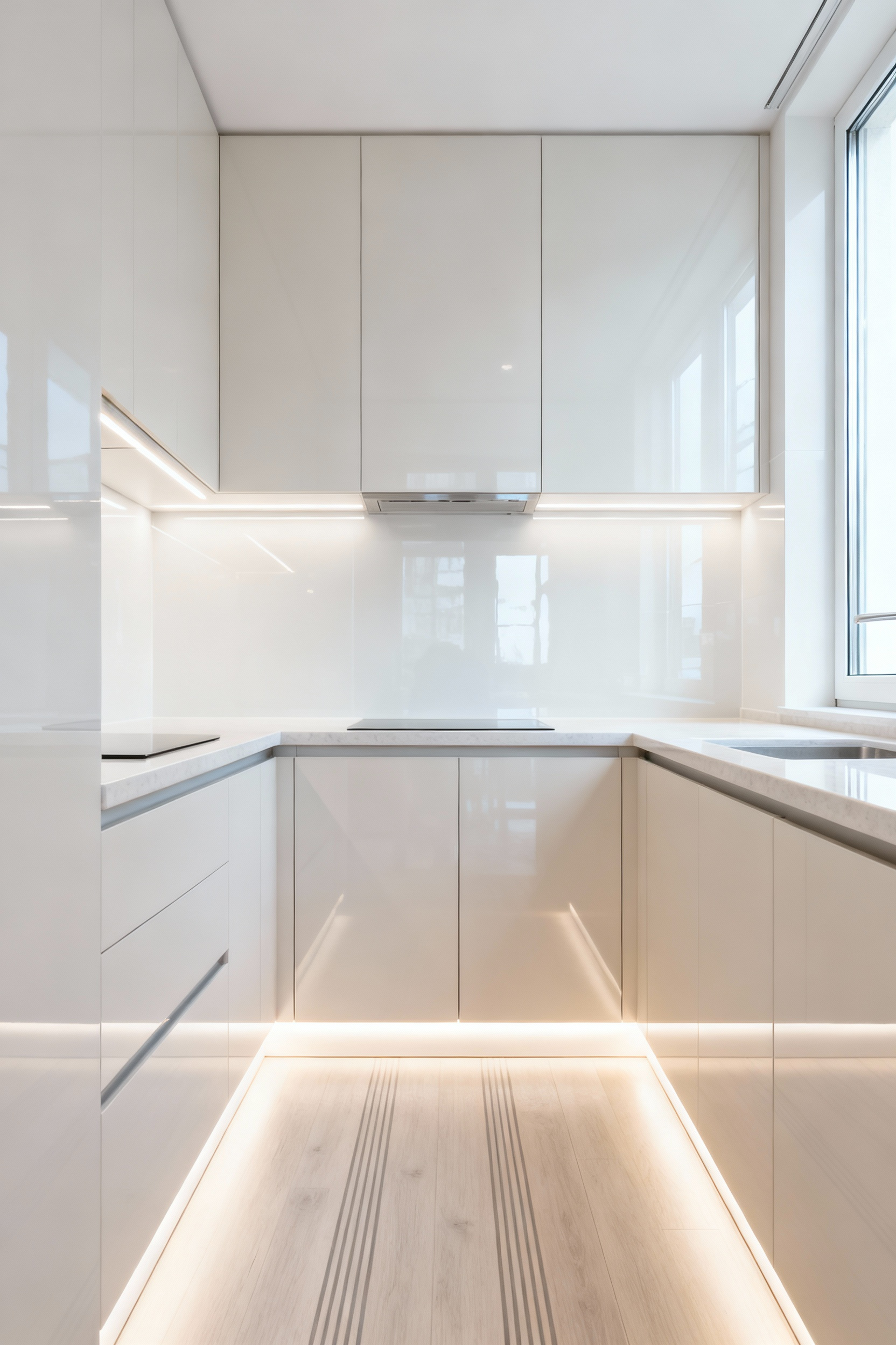 A bright, modern small kitchen utilizing psychological design principles like light colors, reflective surfaces, floor-to-ceiling cabinetry, and integrated lighting to enhance perceived space and make it feel larger.