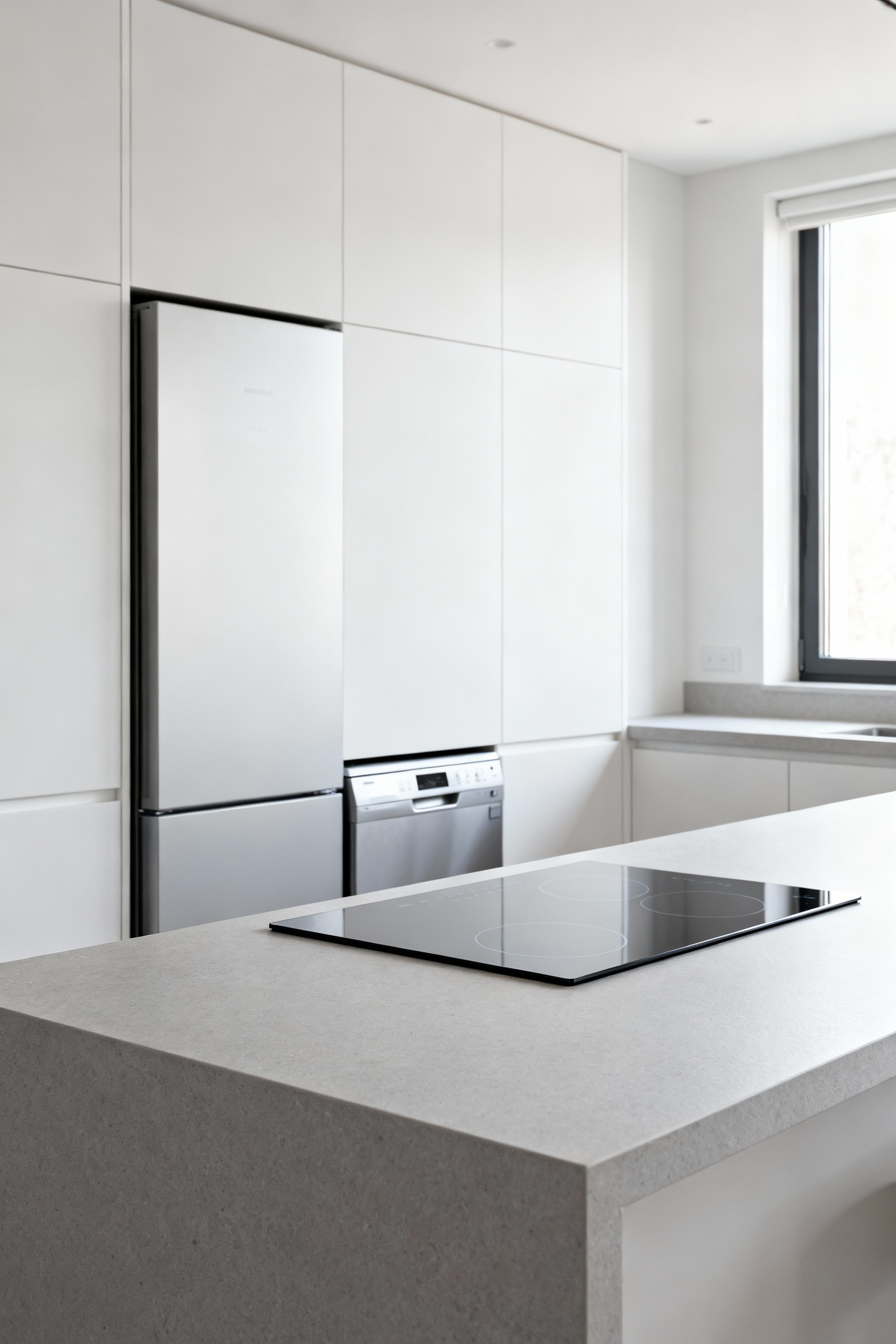A pristine small kitchen with integrated white panel appliances, light grey quartz countertops, and minimalist design, emphasizing a seamless and uncluttered aesthetic.