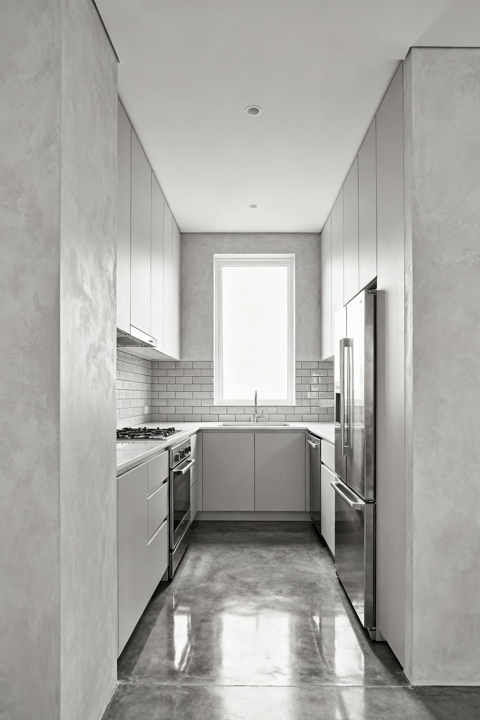 Small kitchen designed with a soft grey monochromatic palette, featuring flat-panel cabinetry, brushed concrete floors, and limewash-finished walls, creating a visually expansive and cohesive space.
