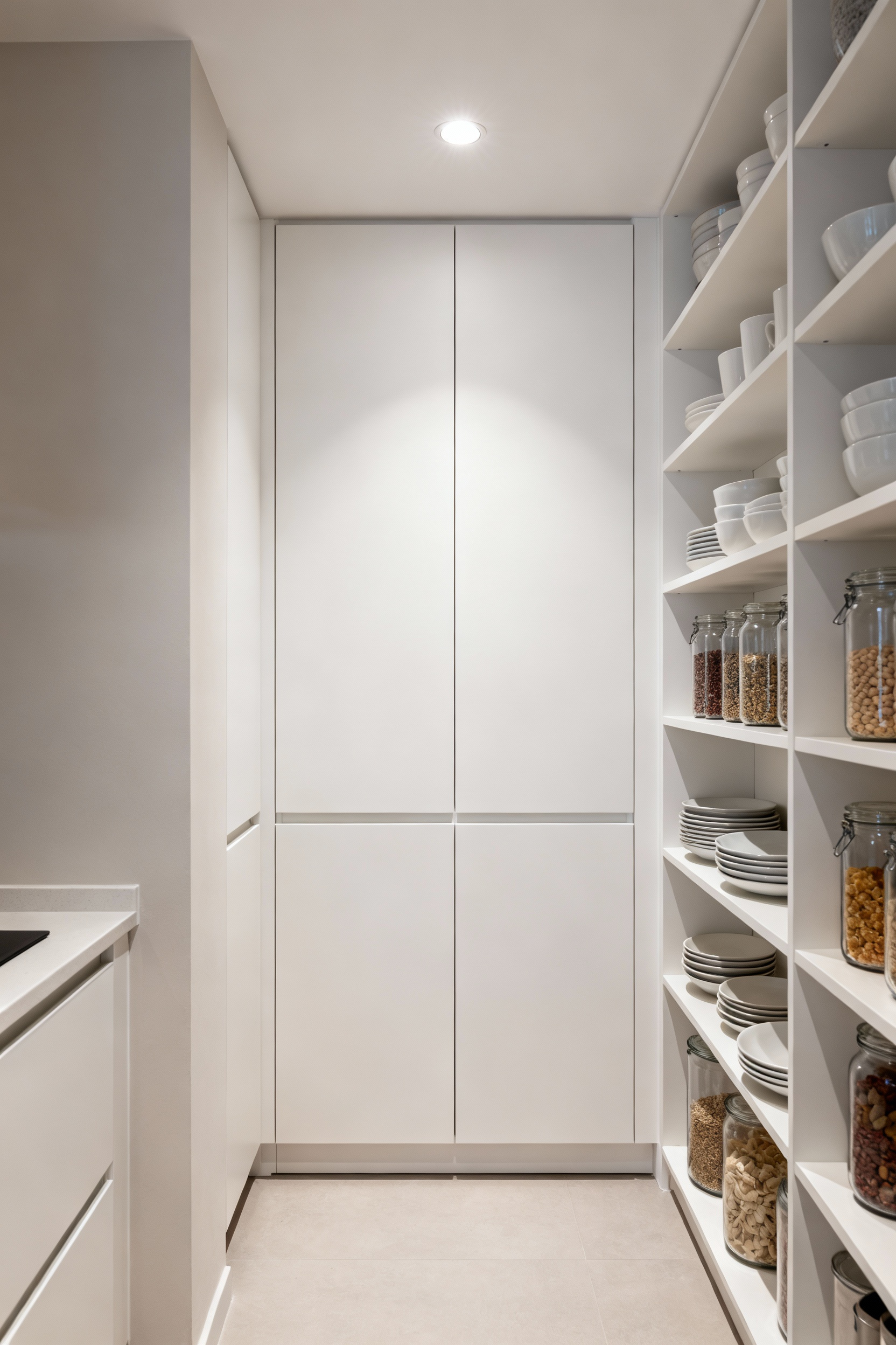 Small kitchen featuring sleek, custom floor-to-ceiling vertical pantry storage and open shelving, designed to maximize space and organization in a compact layout.