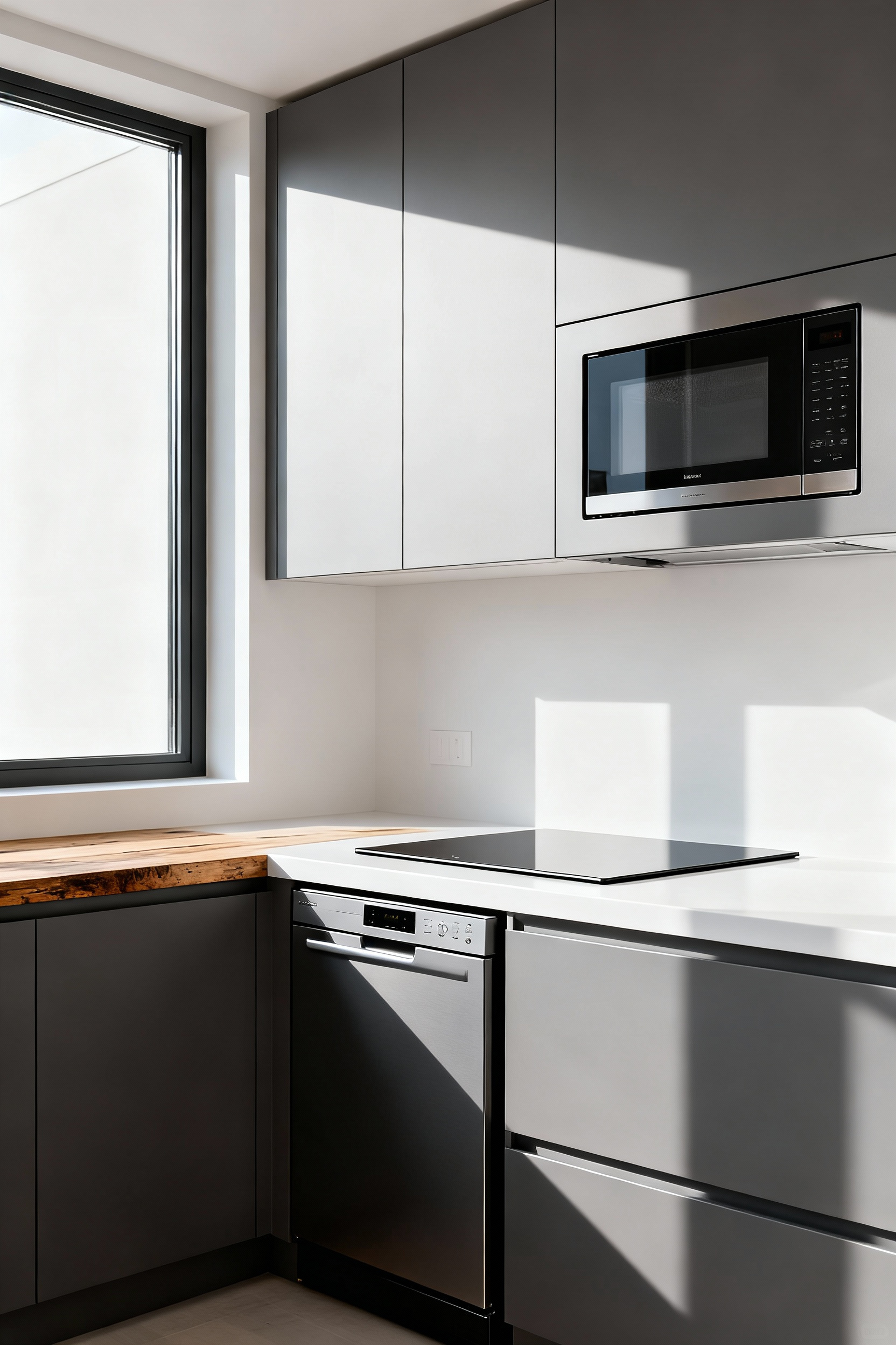 A modern small kitchen features an integrated slimline dishwasher, narrow induction cooktop, and compact wall oven, showcasing how slimline appliances maximize functionality and open up space with a seamless, uncluttered design and soft natural light.