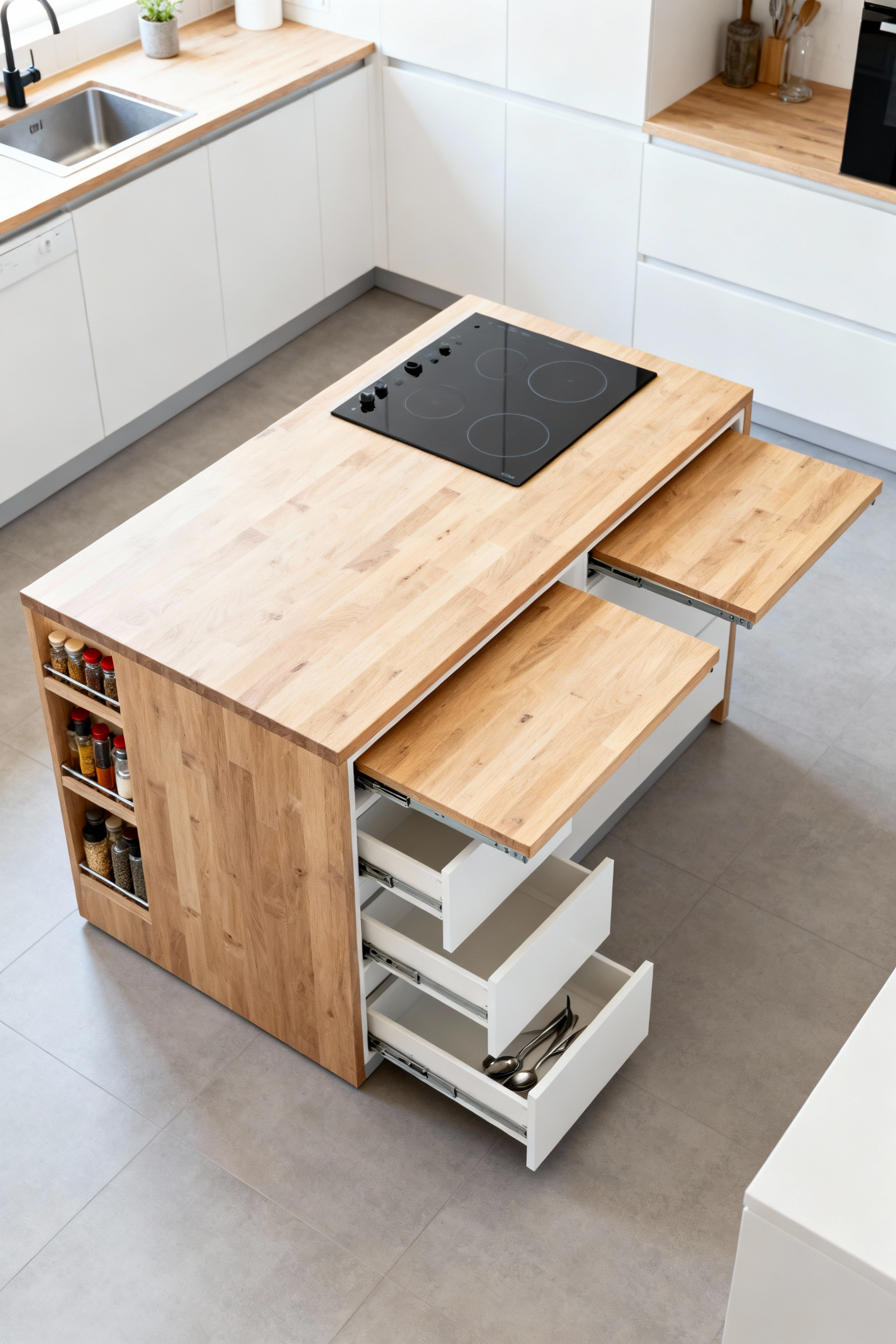 A sleek, multi-functional kitchen island in a small modern kitchen, featuring a butcher-block top, integrated cooktop, pull-out dining table, and hidden storage drawers.
