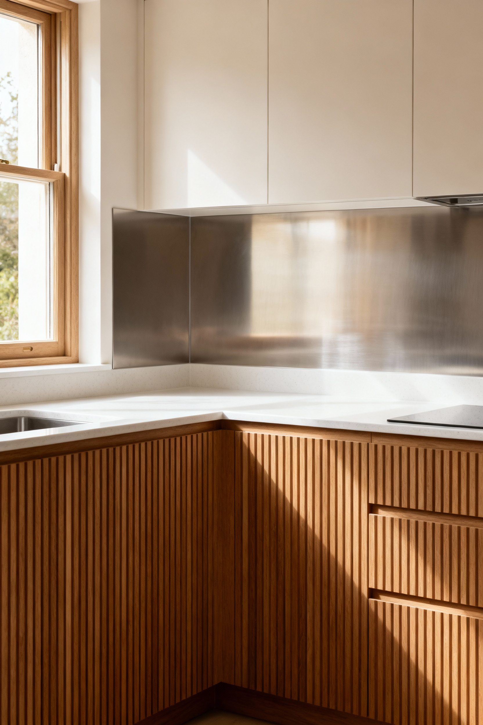 Small kitchen interior showcasing harmonious blend of smooth quartz countertop, textured ash wood cabinets, and reflective stainless steel backsplash under natural light, creating tactile depth.