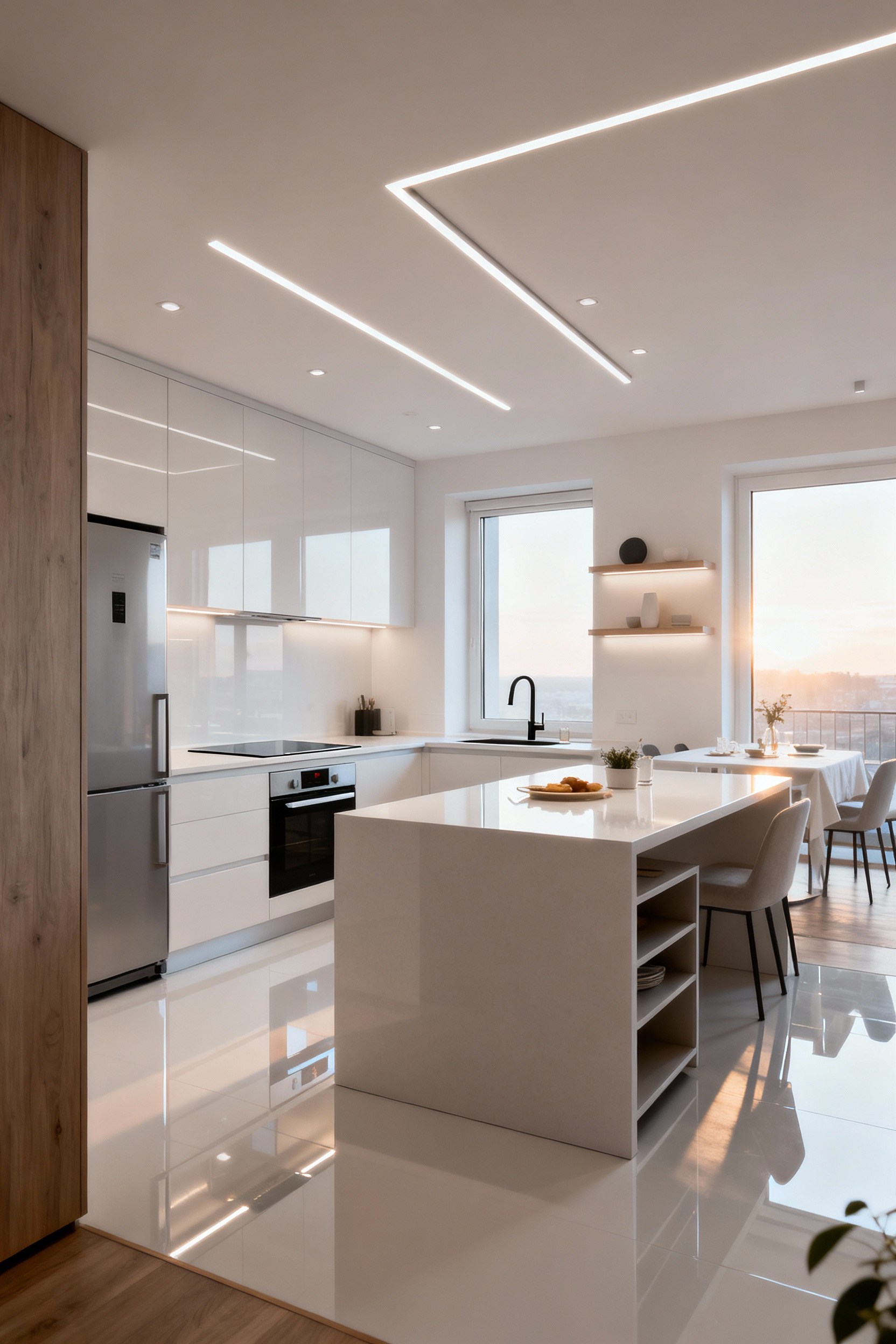 Small kitchen with modern white cabinetry, multi-functional island with seating, integrated appliances, and strategic lighting, designed for dynamic cooking and socializing.