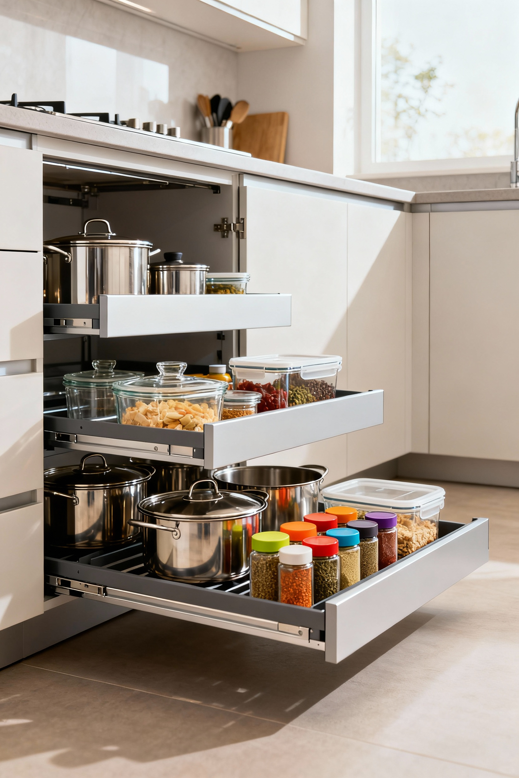 Small kitchen base cabinet with fully extended pull-out undercabinet organizers revealing organized spices, oils, and cookware. Clean, modern aesthetic with efficient storage.