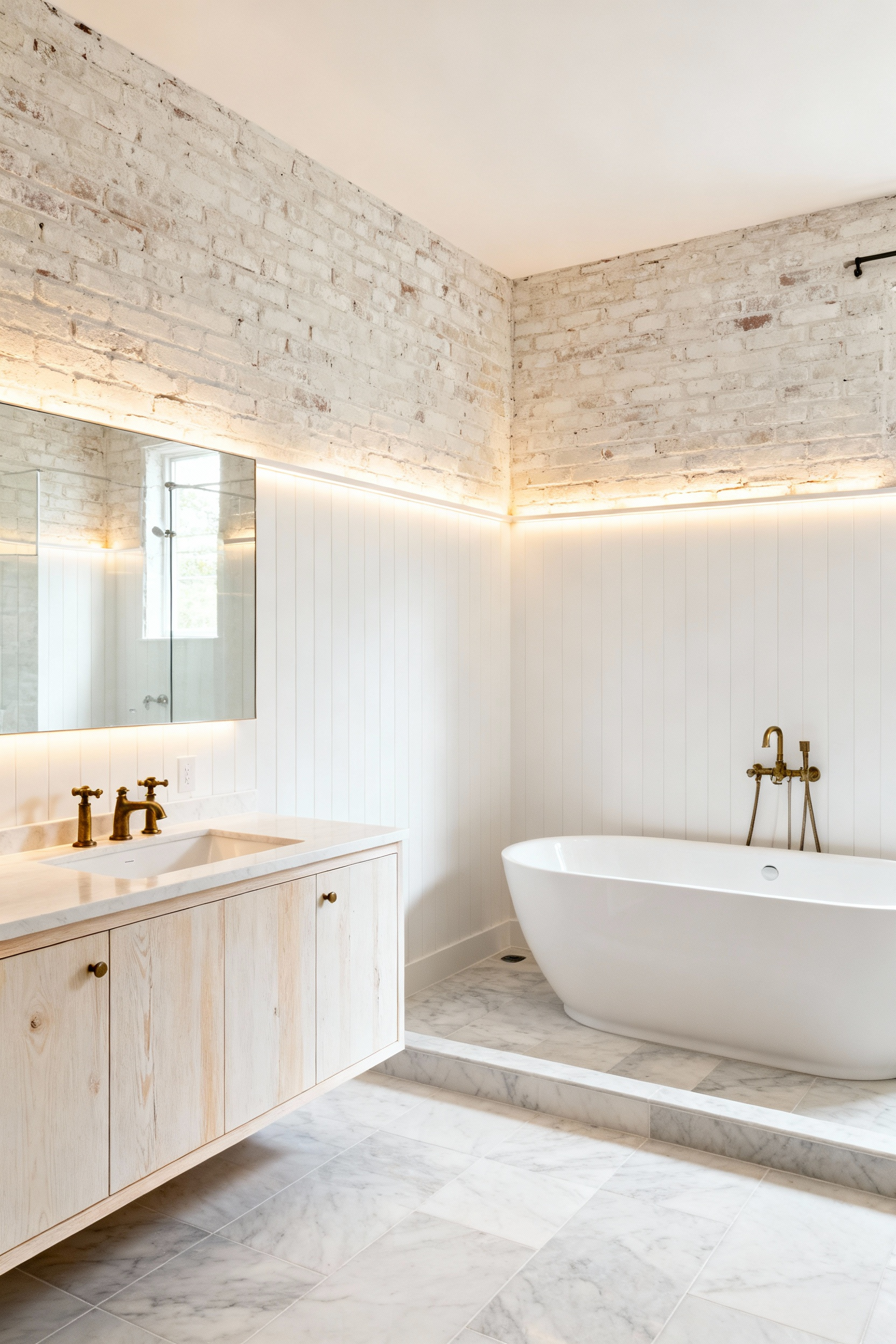 A serene rustic farmhouse bathroom featuring a layered white palette, with limewashed brick, a white oak floating vanity, and honed marble. A curbless shower and freestanding tub are present, bathed in natural light.
