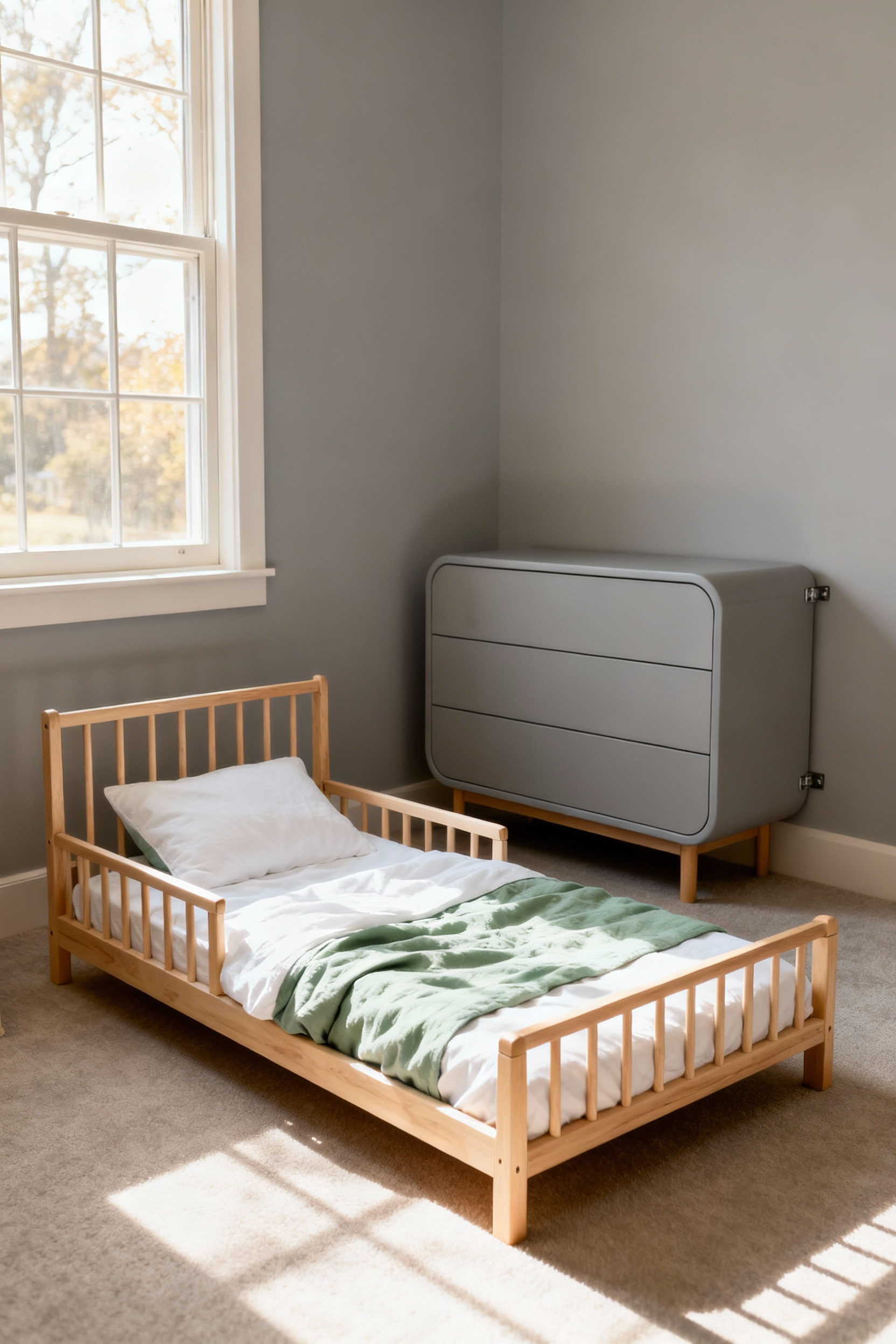 A photograph of a bright, safe child's bedroom featuring a low-profile bed and a securely placed dresser with rounded corners, illustrating essential furniture safety measures.