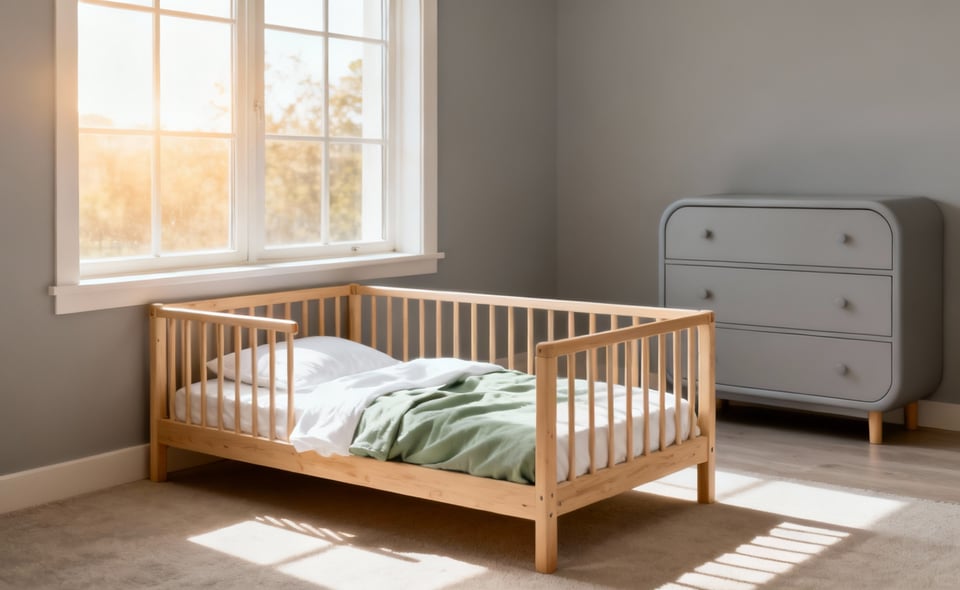 A photograph of a bright, safe child's bedroom featuring a low-profile bed and a securely placed dresser with rounded corners, illustrating essential furniture safety measures.