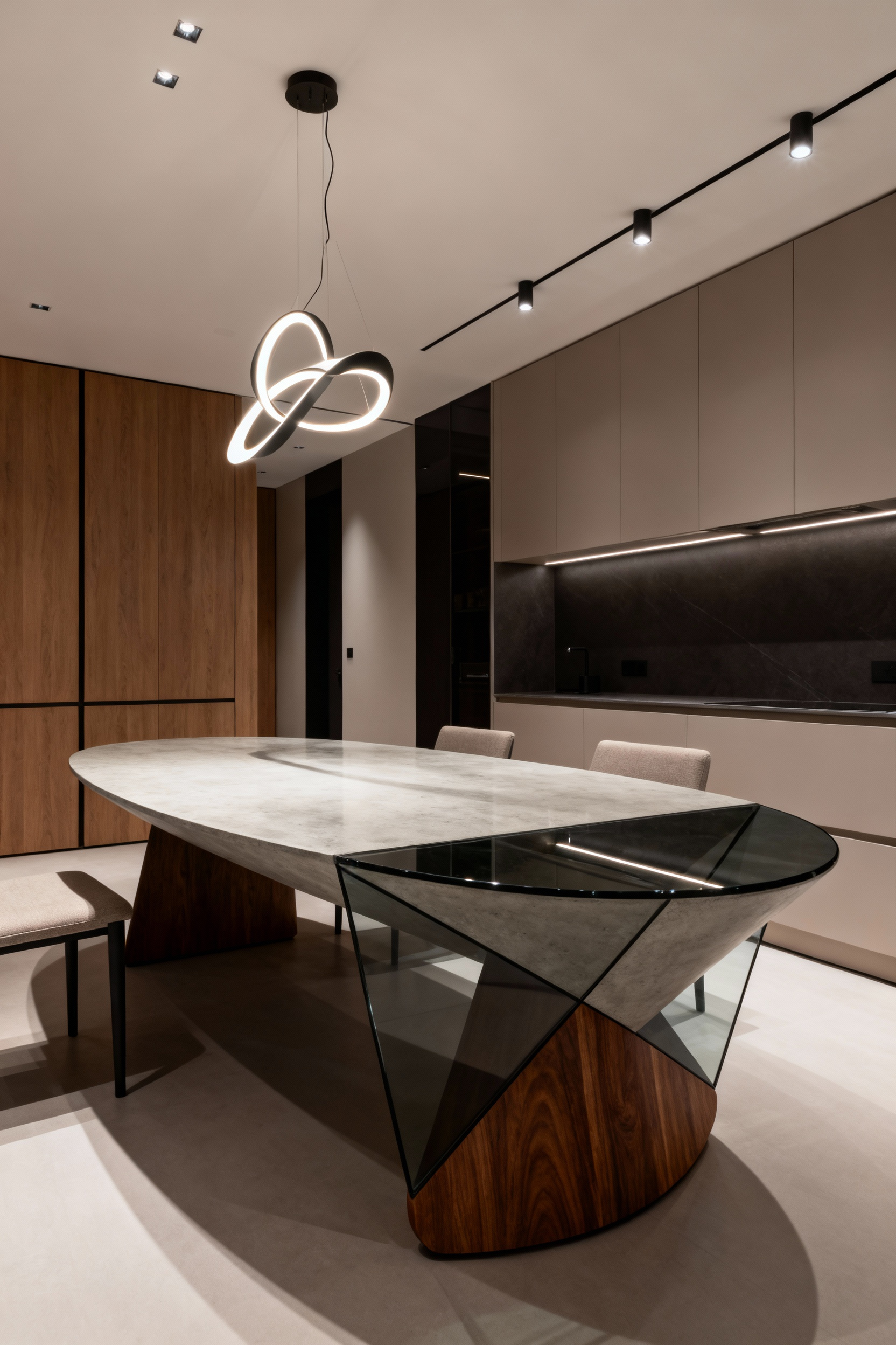 Modern kitchen featuring a sculptural statement table with a unique architectural base and innovative materials, serving as a focal point.