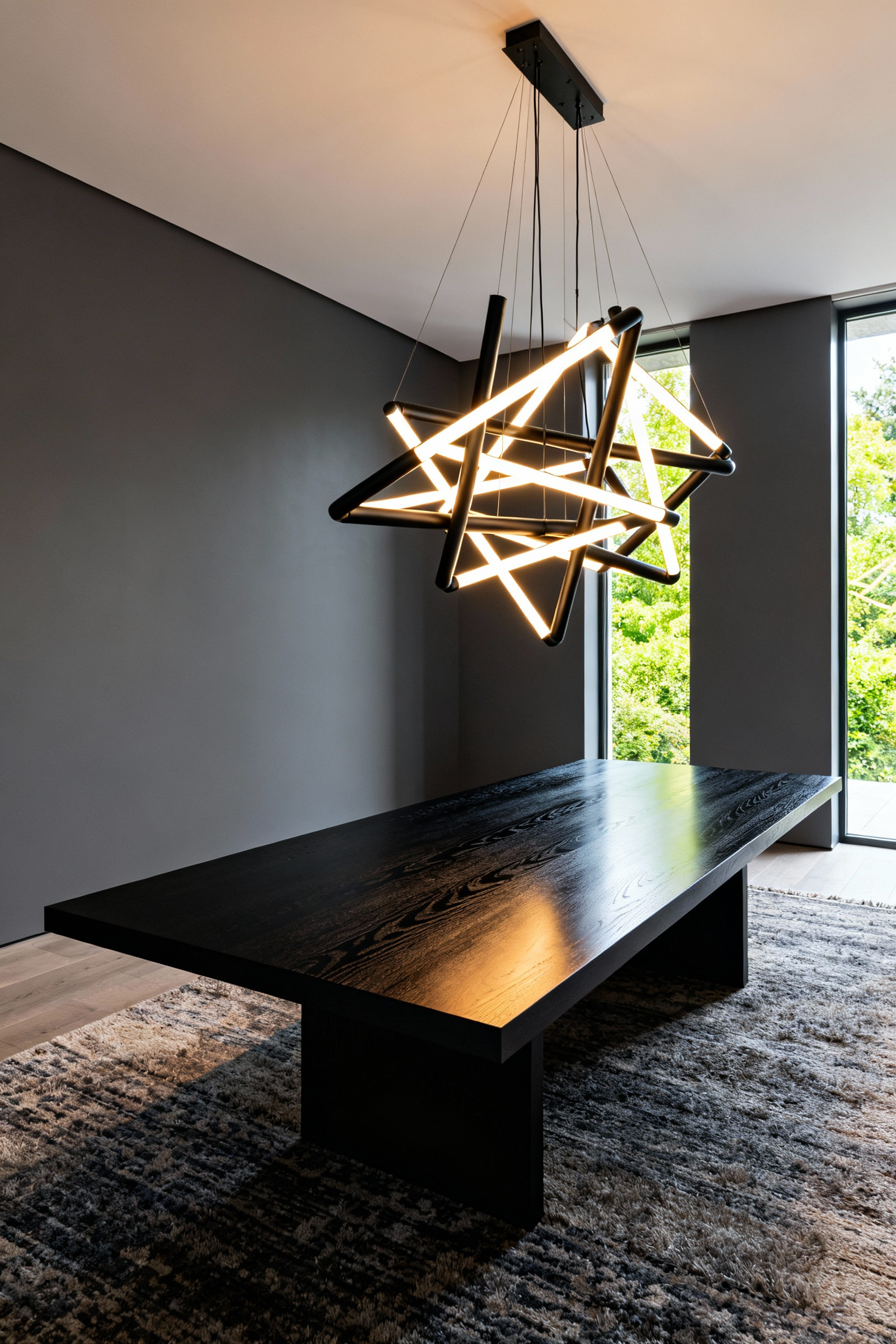 Hyper-modern dining room featuring a dramatic, abstract sculptural LED light fixture suspended above a dark wood table, acting as contemporary art.