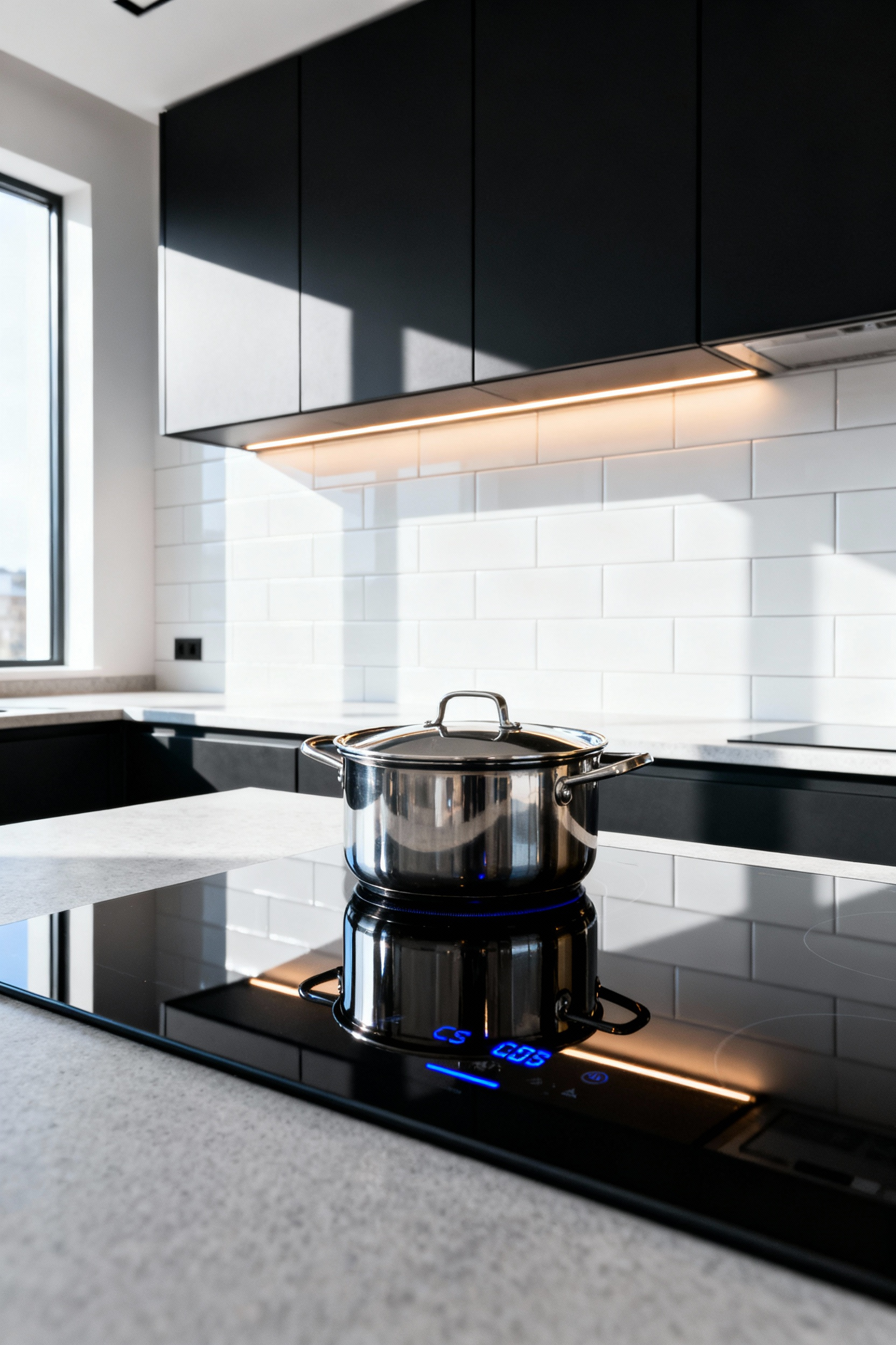 A sleek, black induction cooktop integrated seamlessly into a light gray quartz countertop in a professional, minimalist modern kitchen.