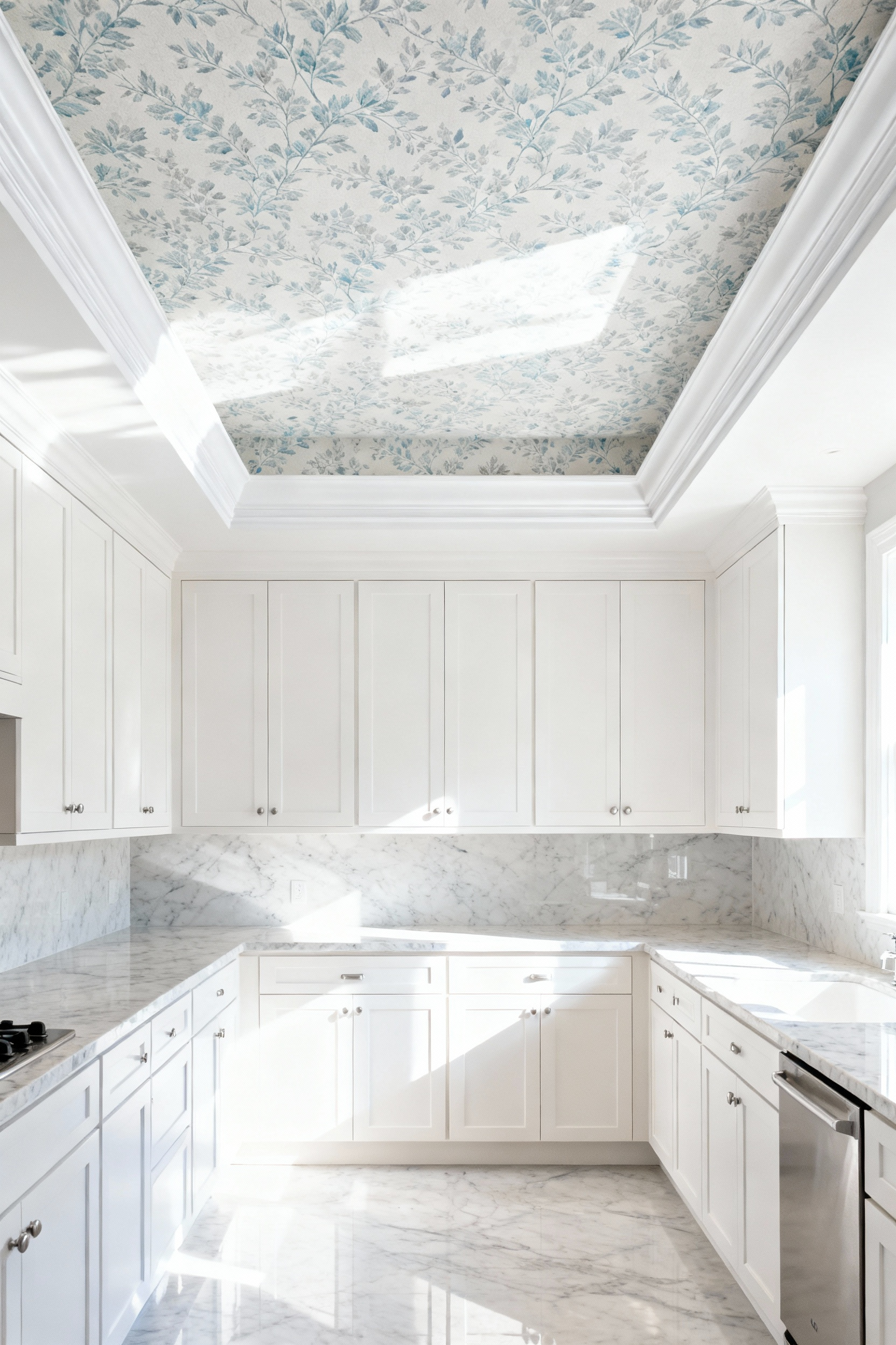 A small, bright transitional kitchen featuring white cabinets and a decorative ceiling covered in light grey and blue patterned wallpaper, which makes the compact space feel significantly loftier.
