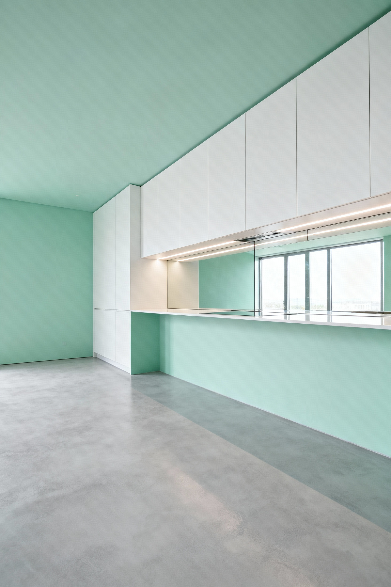 Modern small kitchen featuring pale celadon green walls, high-gloss white cabinetry, and a mirrored backsplash, demonstrating illusionary color expansion techniques for a larger feel.