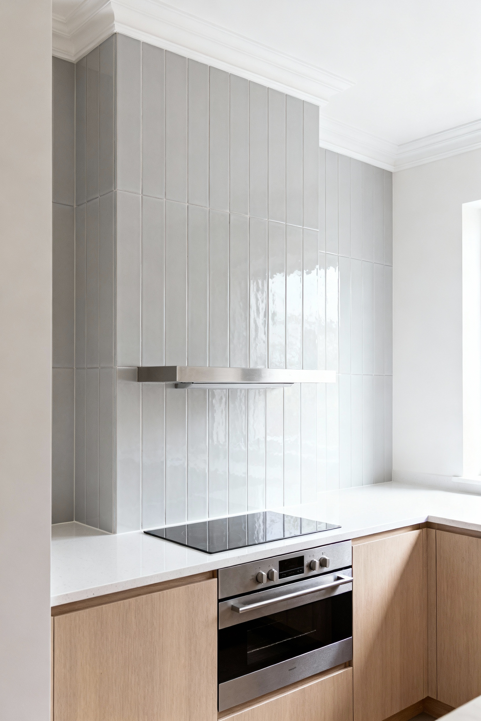 A small, bright kitchen design showcasing rectangular pale gray tiles stacked vertically from the countertop to the ceiling, a technique used to visually increase the perceived height of the room.