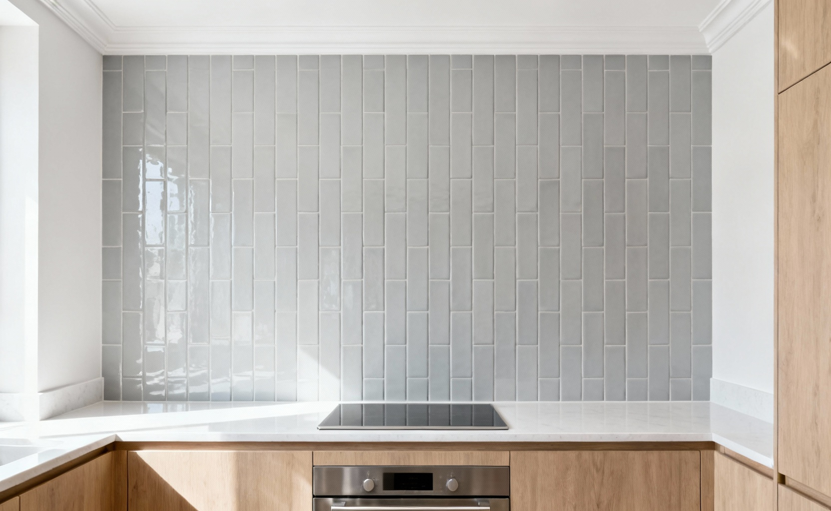 A small, bright kitchen design showcasing rectangular pale gray tiles stacked vertically from the countertop to the ceiling, a technique used to visually increase the perceived height of the room.