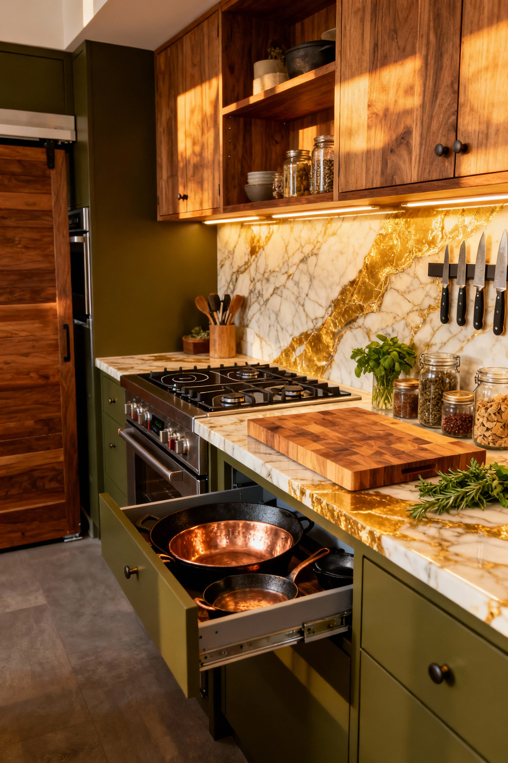 Efficient small kitchen design featuring deep olive green cabinets, walnut wood accents, and a heavy-duty drawer slightly open revealing highly organized cast iron and copper cookware.