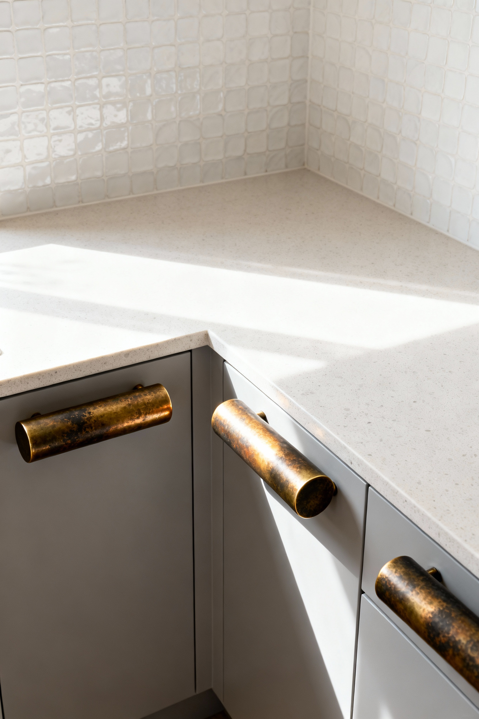 A small kitchen featuring smooth light gray cabinets elevated by large, heavily patinated unlacquered brass pulls that act as hardware "jewelry."
