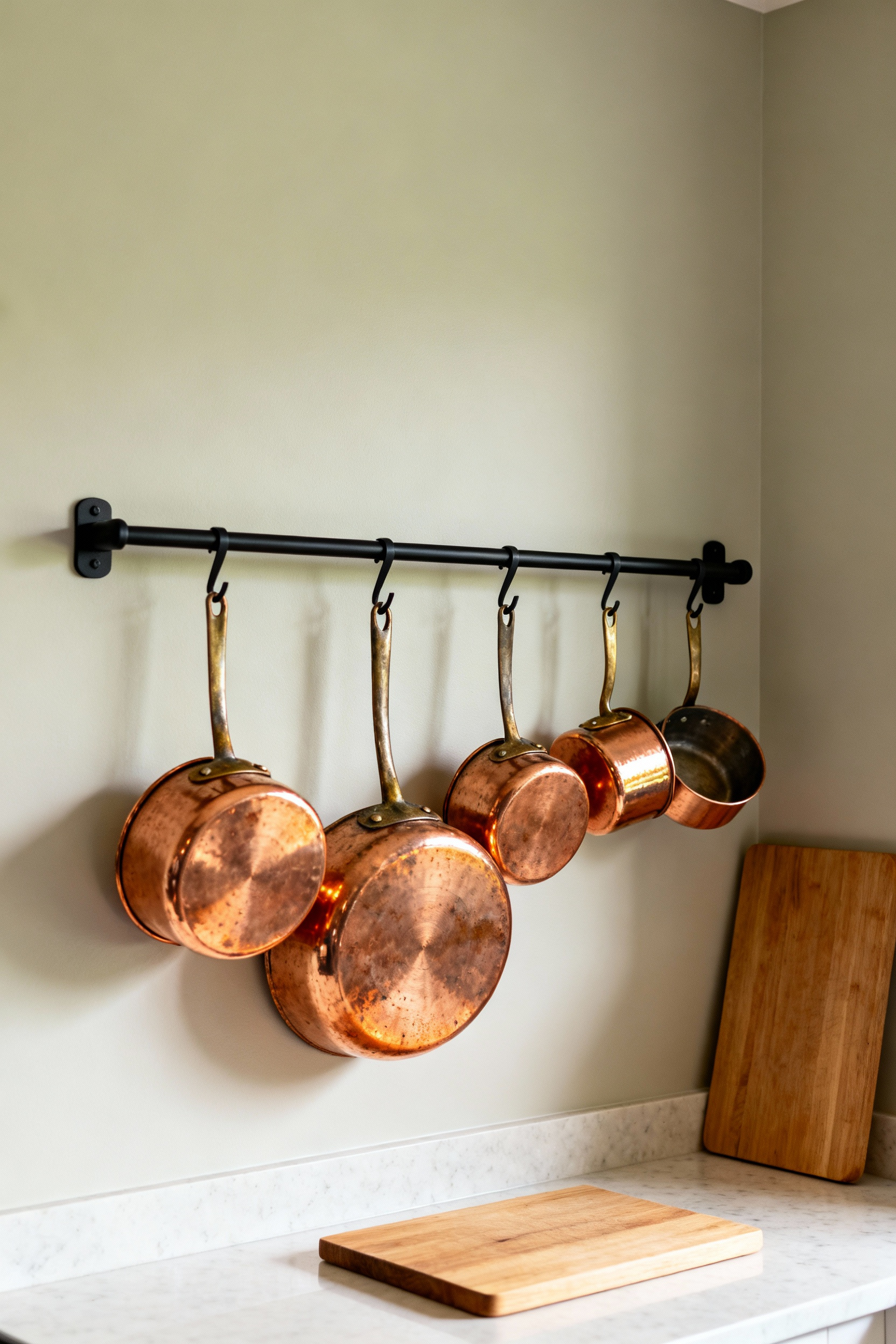 A small kitchen featuring a sleek, matte black wall-mounted pot rack holding a collection of shining copper cookware, utilized as functional art against a neutral wall.
